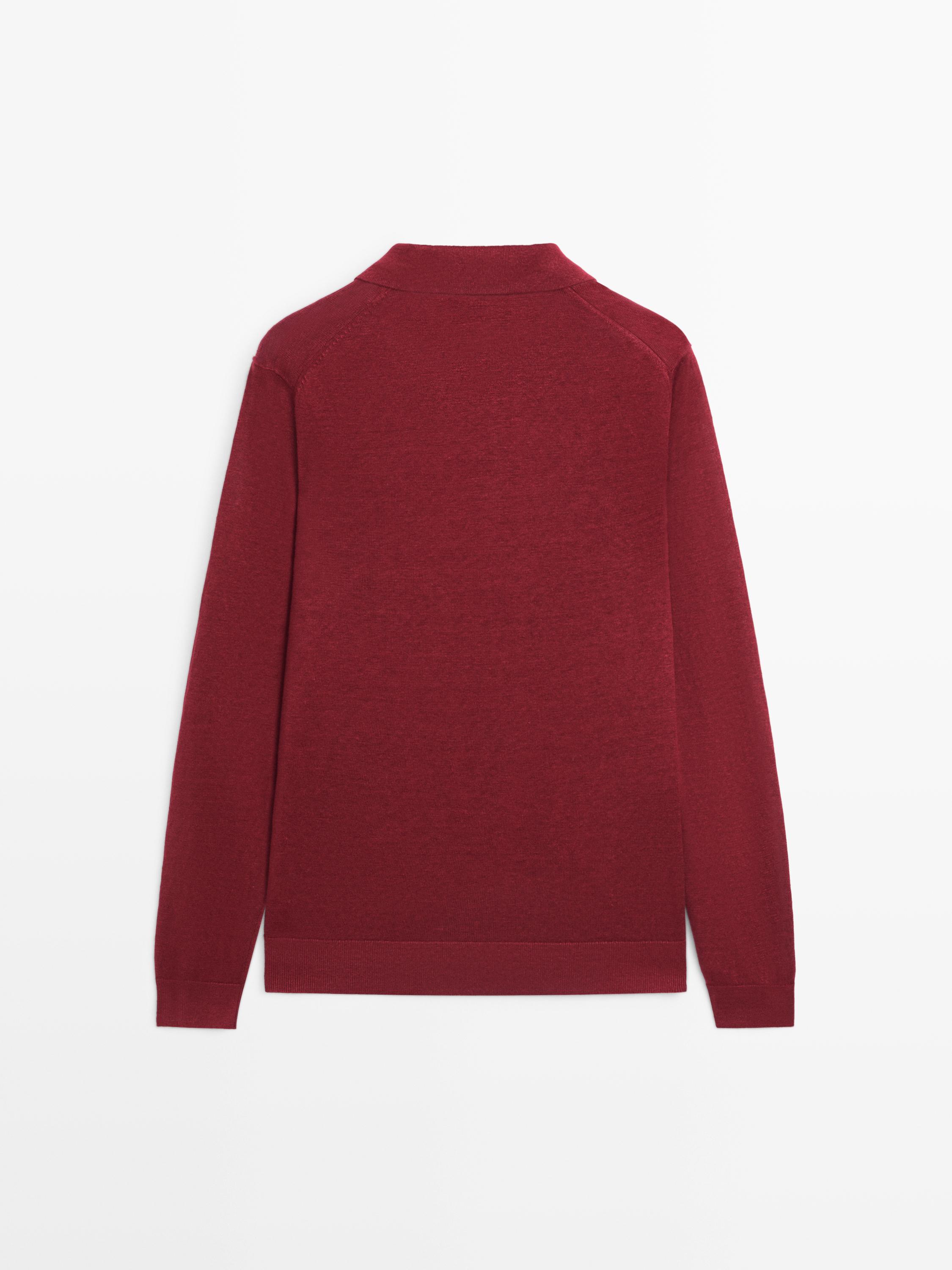 100% linen knit polo collar sweater — Wine Red
