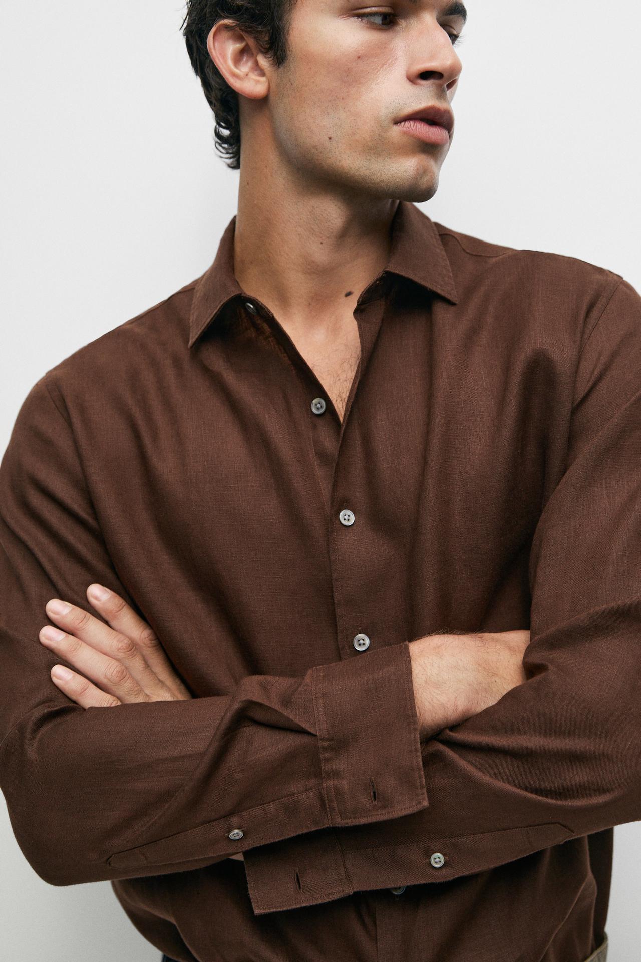 Regular fit 100% linen shirt — Chocolate