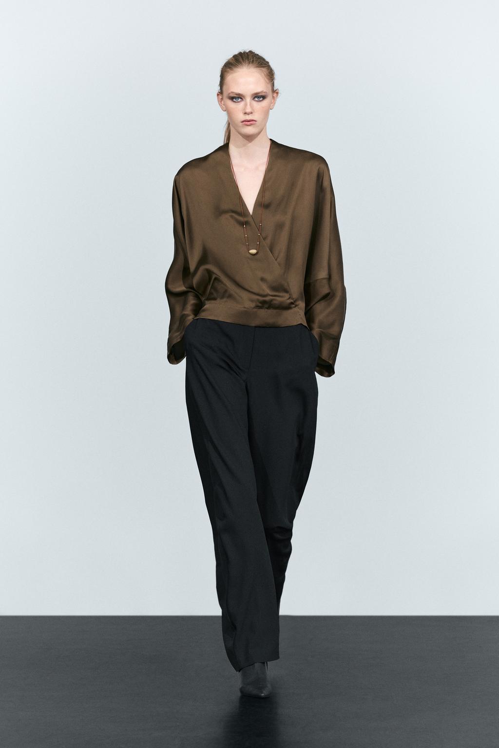Satin wrap blouse with batwing sleeves