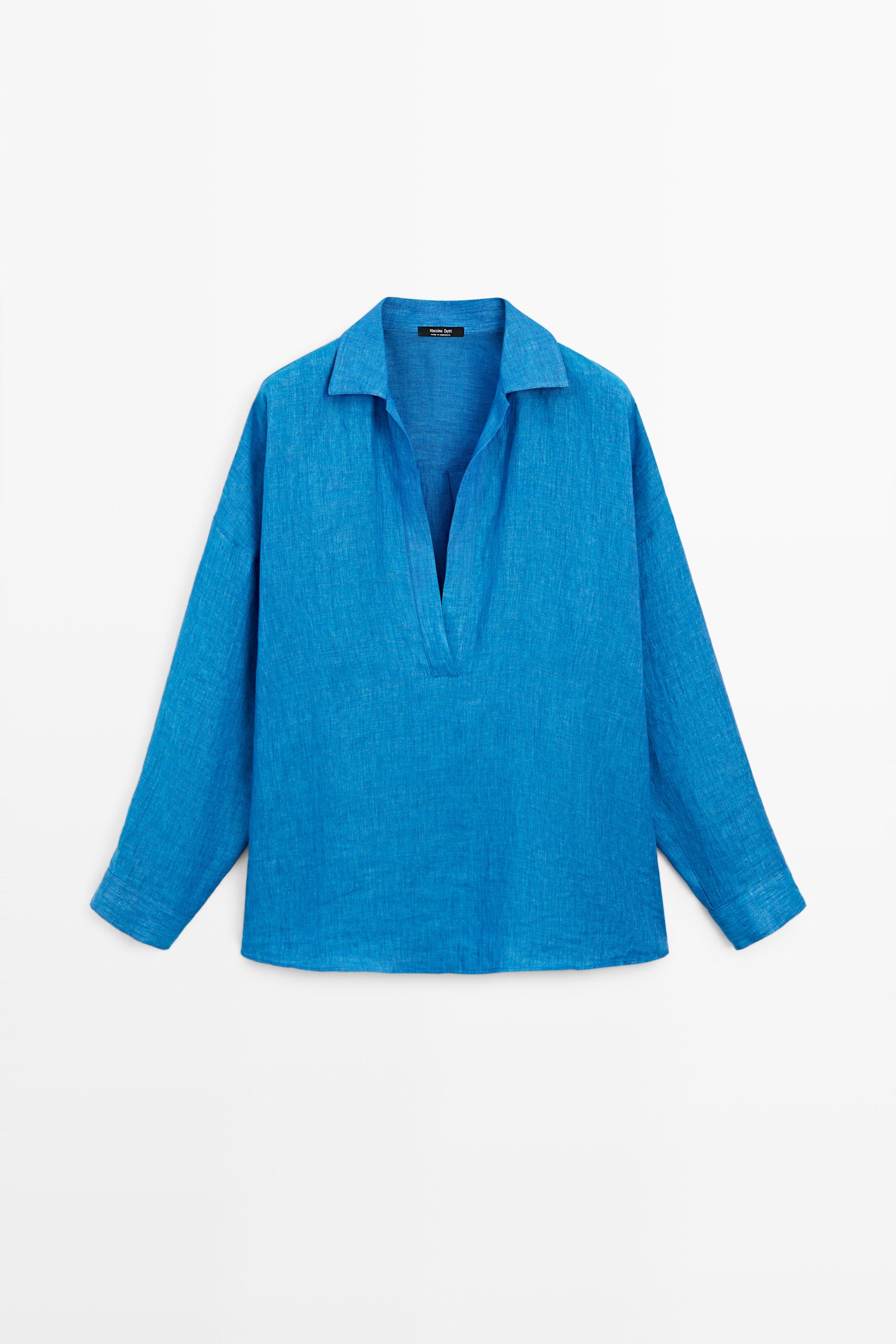 100% linen flowing blouse — BLUE