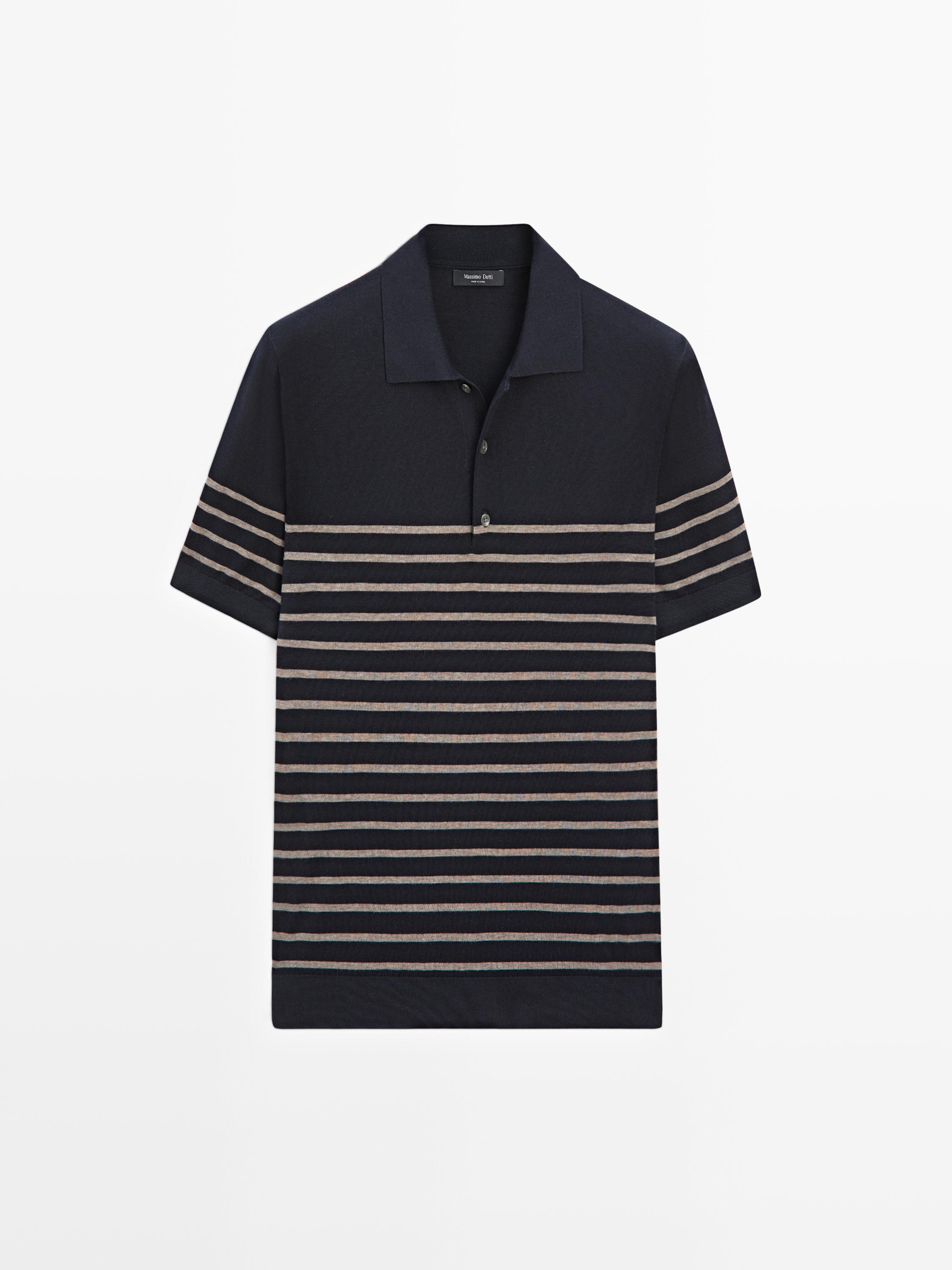 Striped cotton blend knit polo shirt