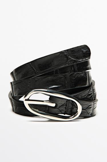 Leather belt with oval buckle and textured finish — BLACK 4