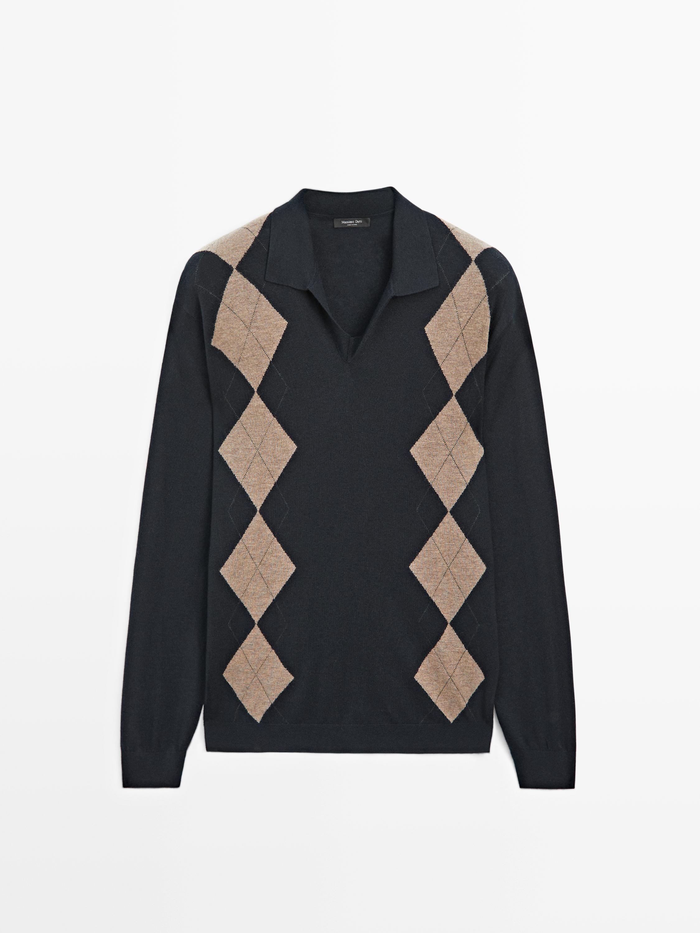Wool blend argyle knit polo sweater — NAVY BLUE