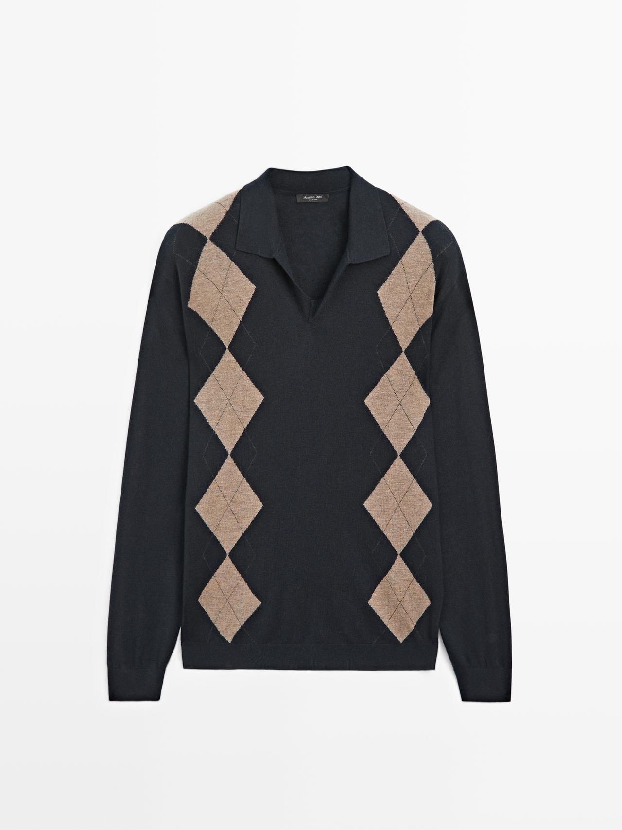 Massimo Dutti - Herre - Polotrøje I Uldblanding Med Rombemønster - Marineblå - Xl