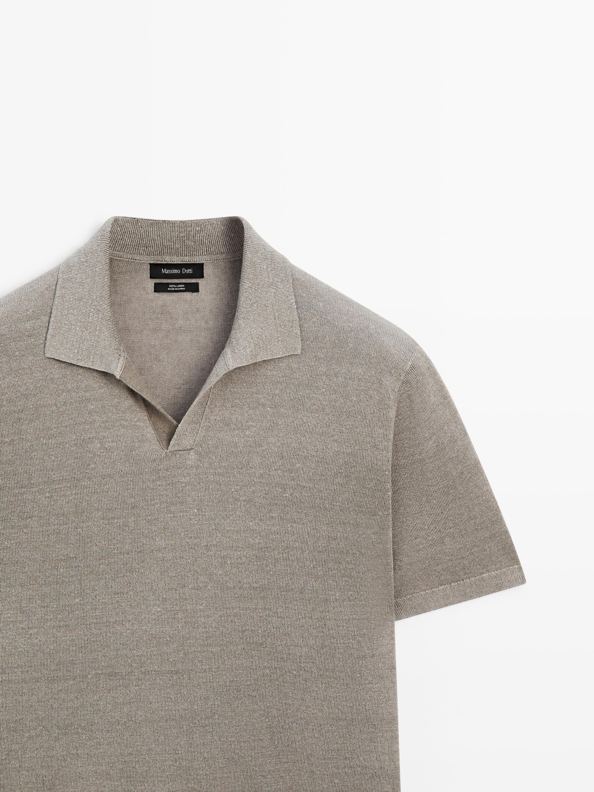 Linen V-neck polo sweater — NATURAL GREY
