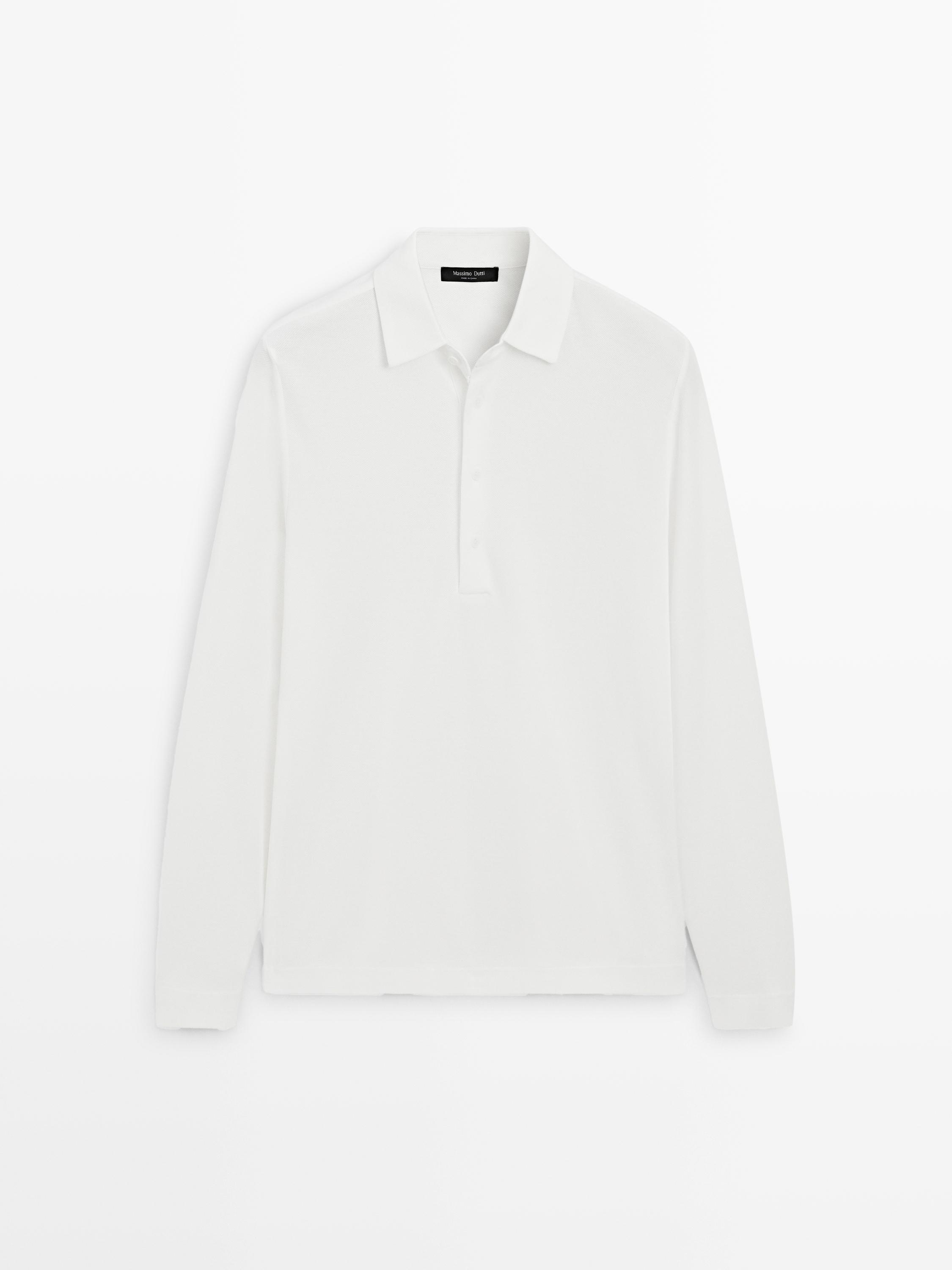 Front view of a white long-sleeved polo shirt with a classic collar and button placket.