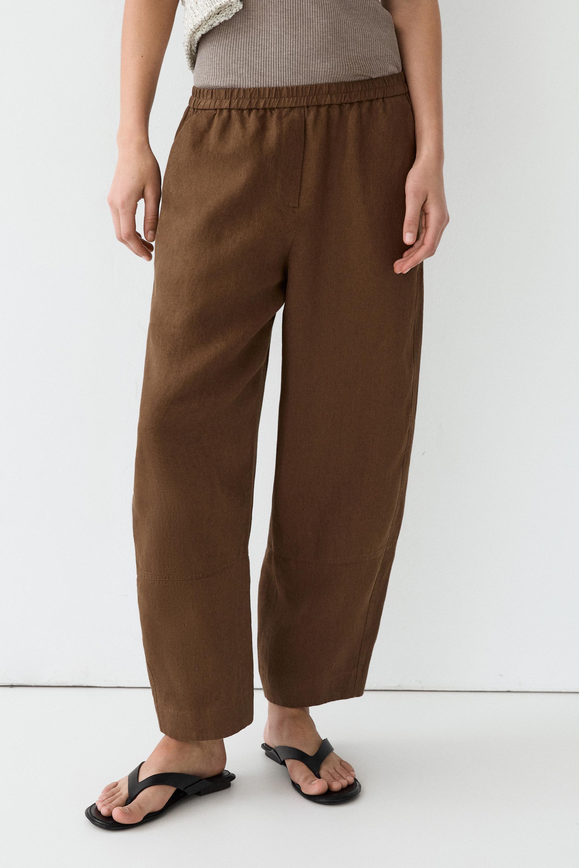 Linen pants with elastic waistband detail — BROWN
