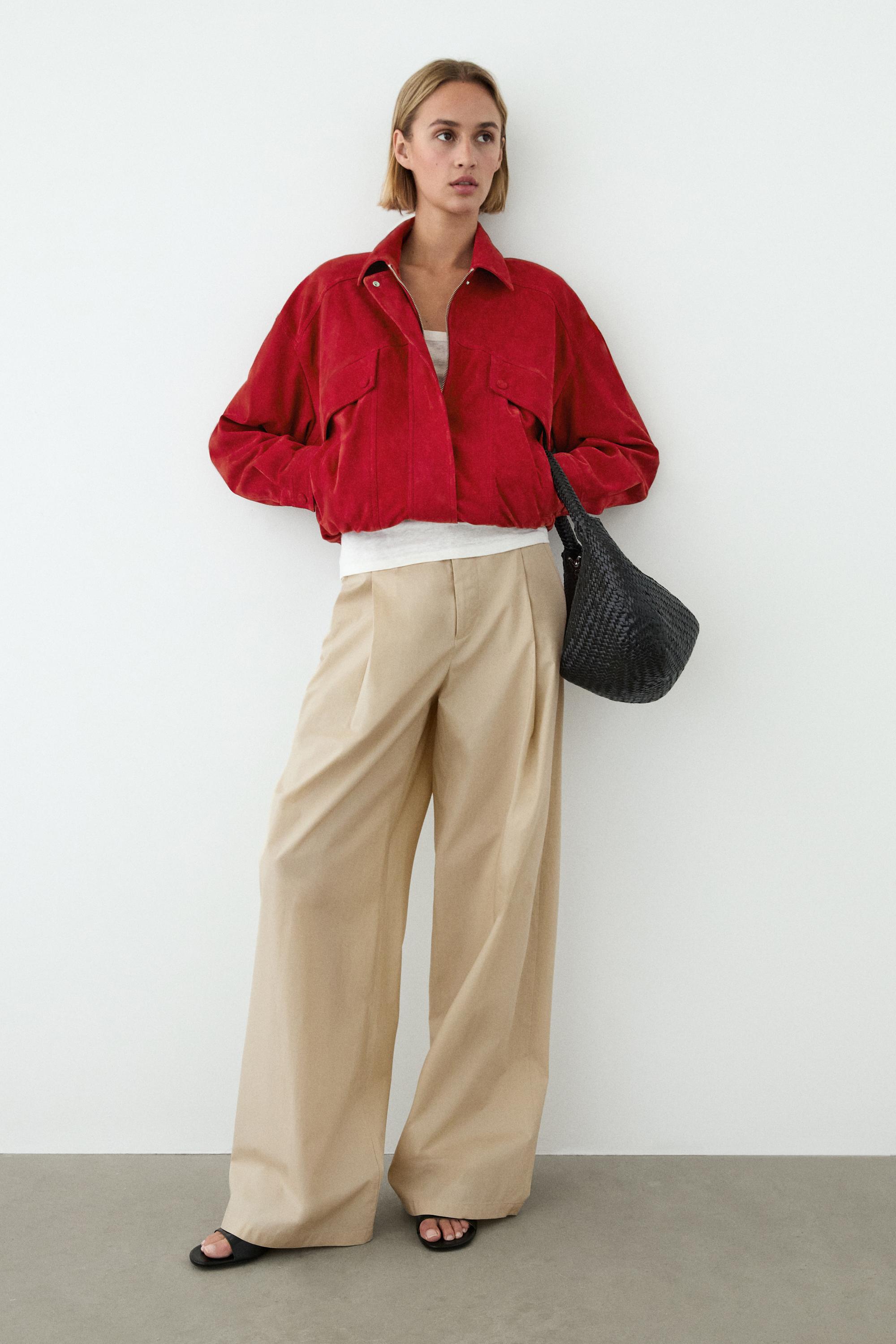 Suede leather bomber jacket with pocket details — RED