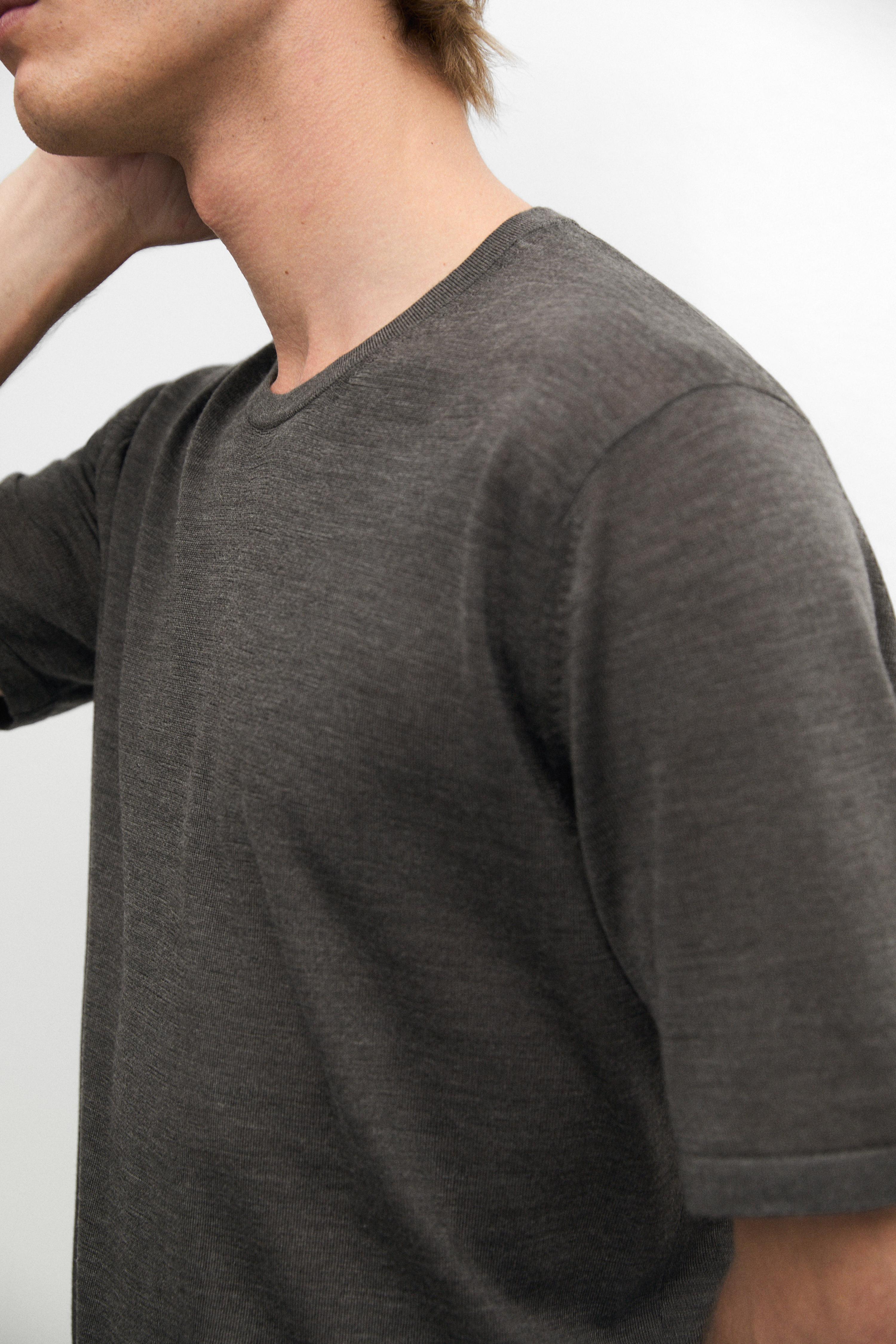 Wool-blend short-sleeve knit sweater — Greyish green