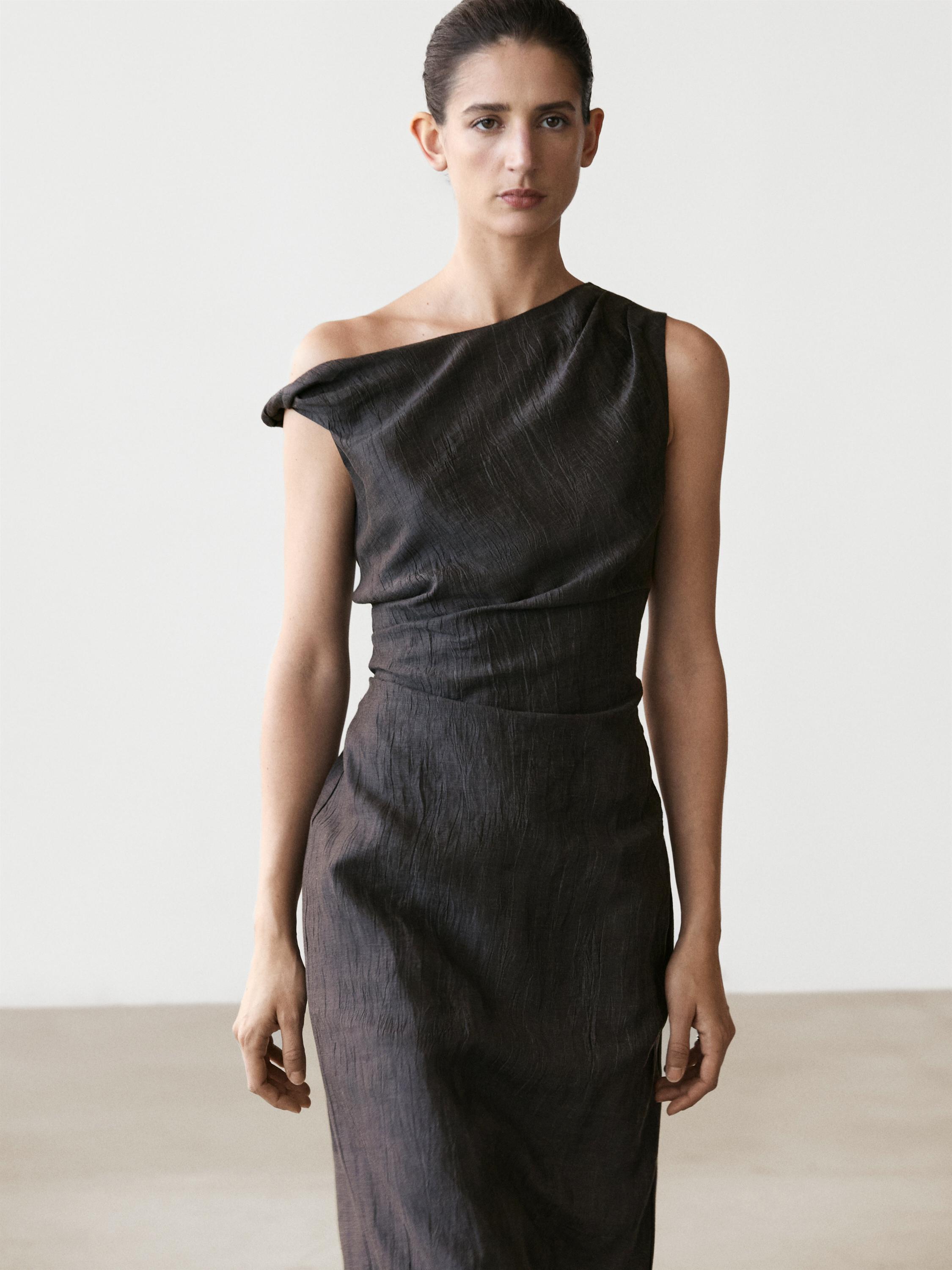 Midi dress with pleated shoulder detail — DARK GREY