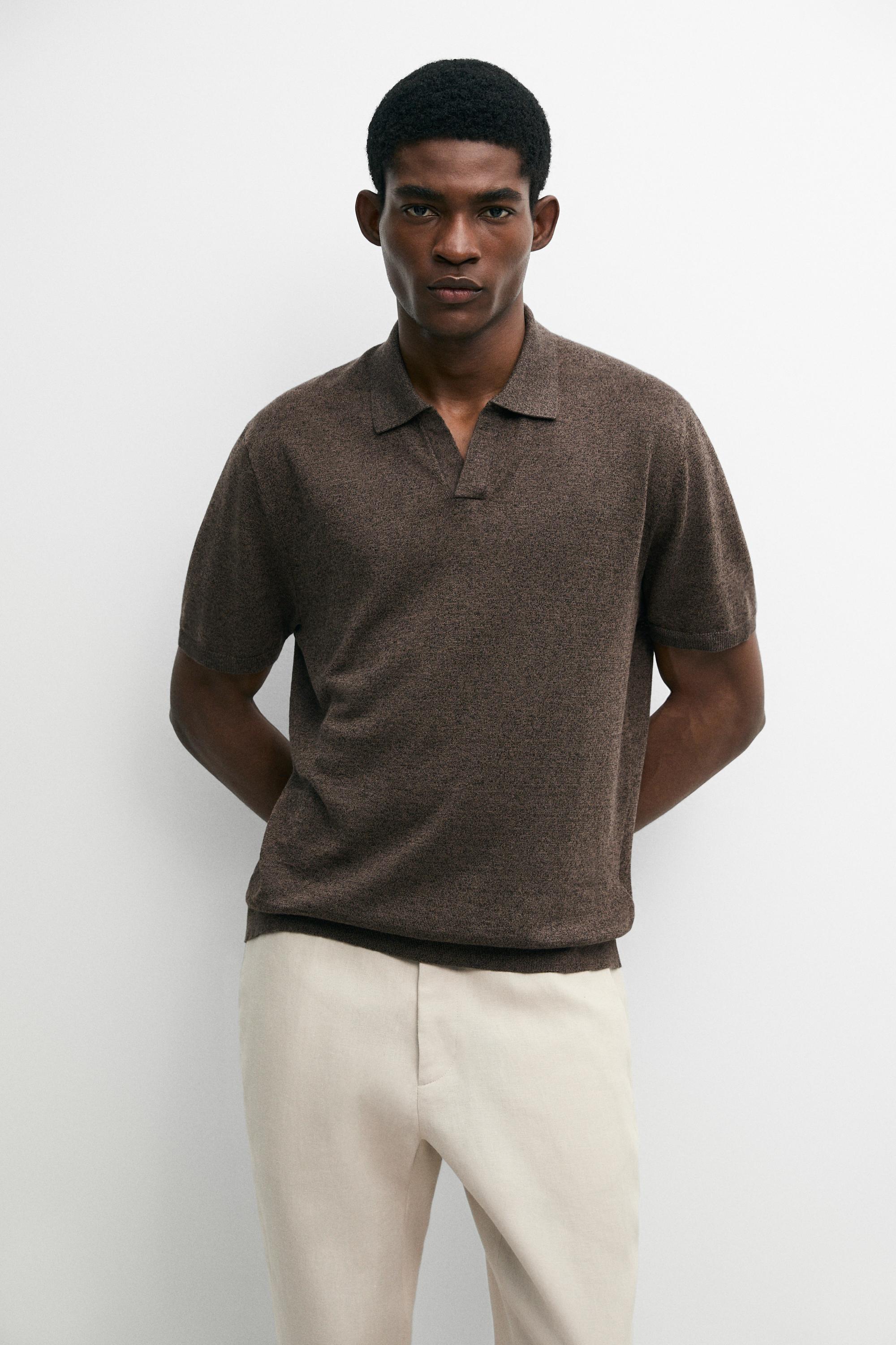 Linen blend V-neck polo shirt — BROWN
