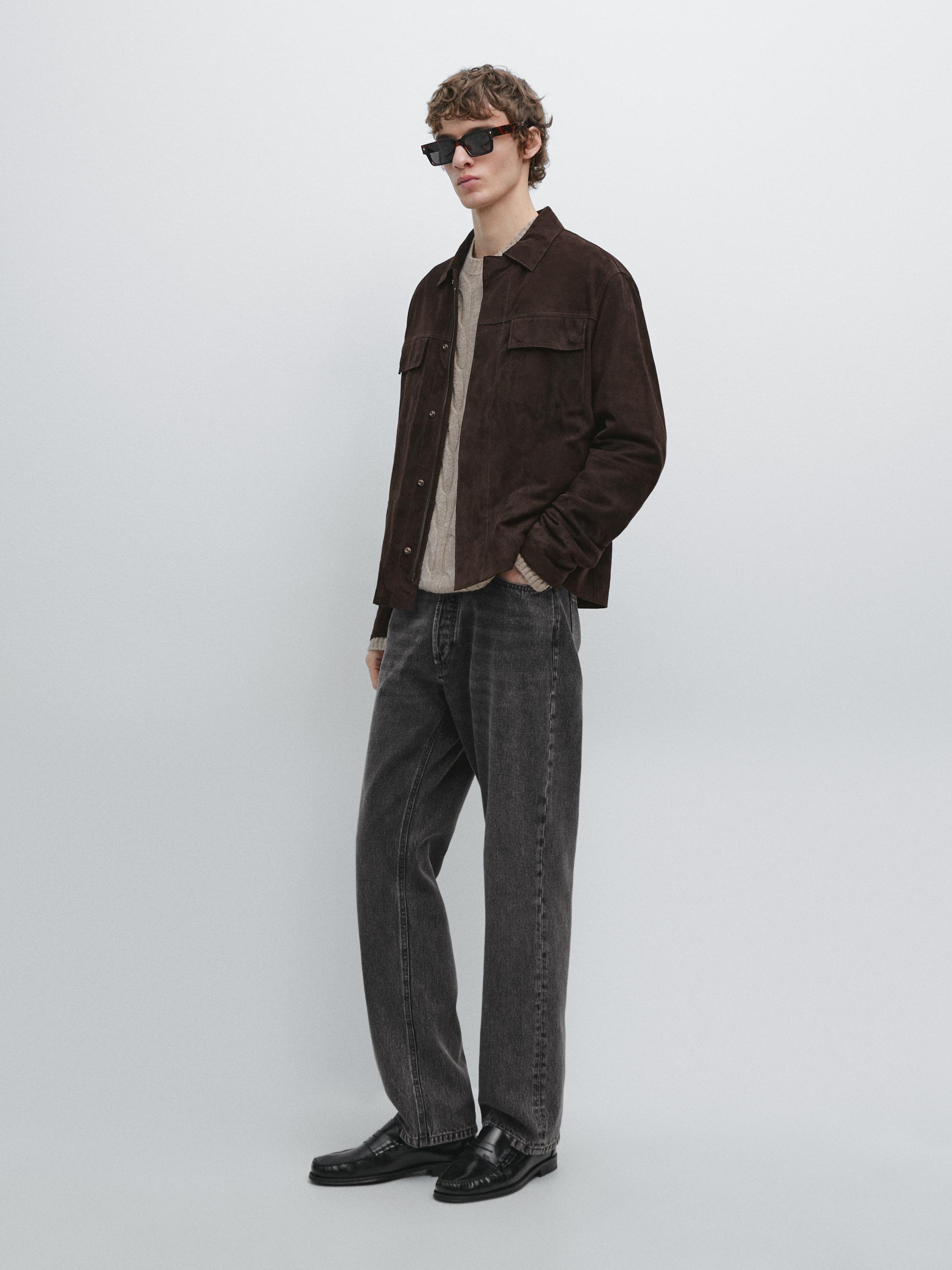 Suede leather jacket with pockets — BROWN