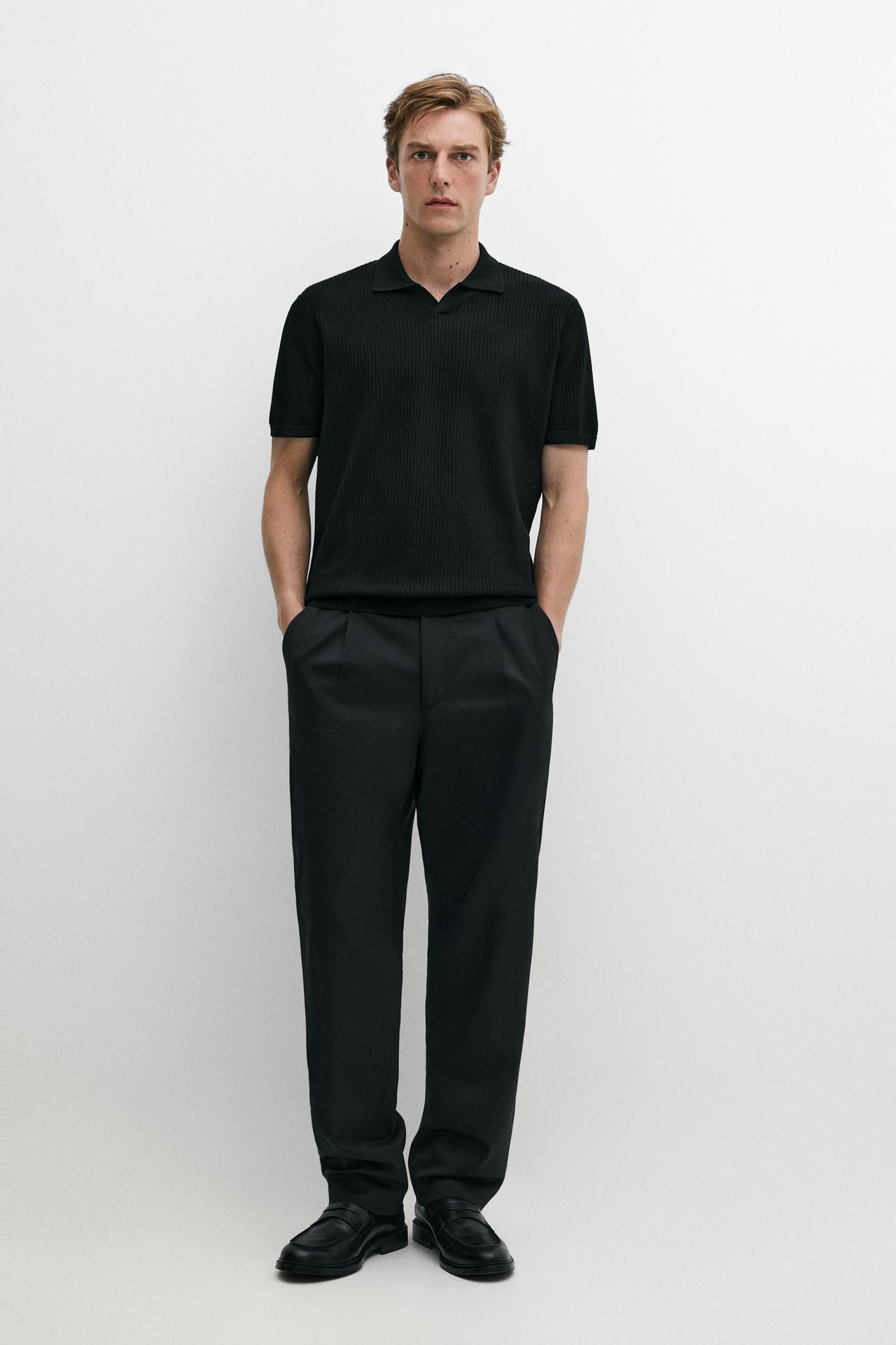 Wool blend short sleeve knit polo — BLACK
