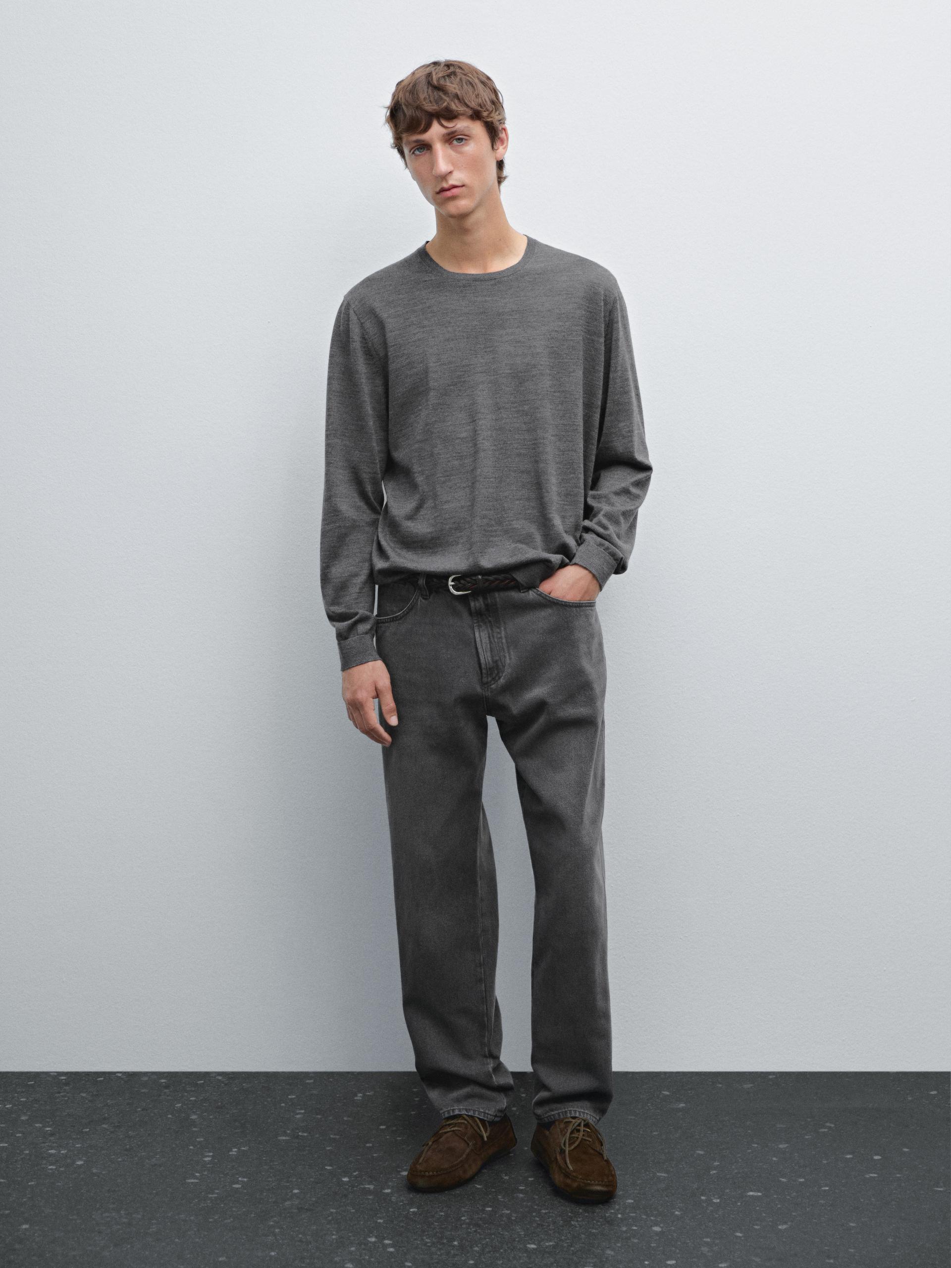 Pull Col Rond En Maille De Laine Mérinos - Gris Anthracite - M - Massimo Dutti - Homme