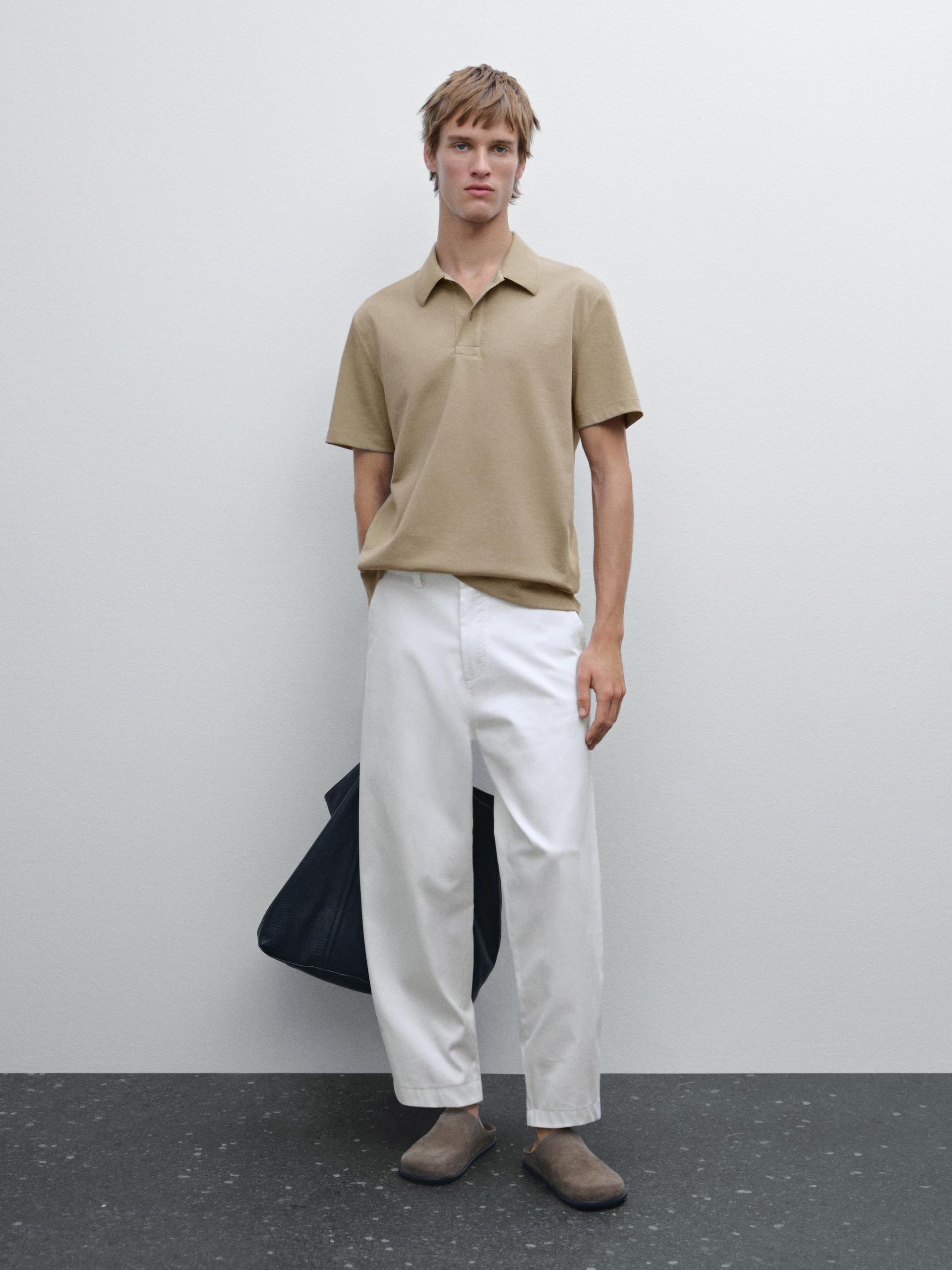 Polo De Manga Curta Em Mistura De Algodão - Bege - M - Massimo Dutti - Homem