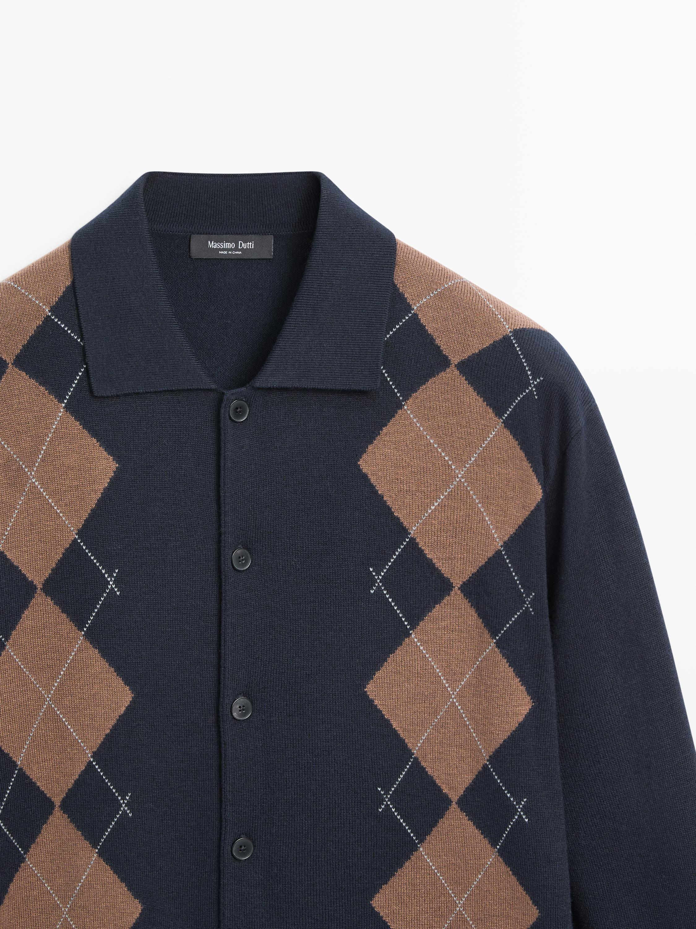 Wool blend argyle knit cardigan — NAVY BLUE