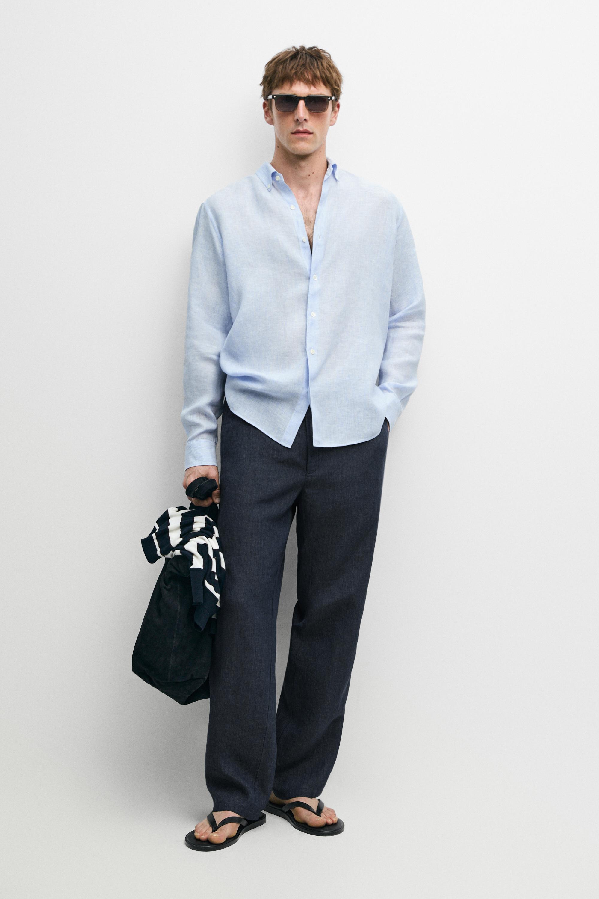 Camicia Regular Fit Millerighe 100% Lino - Celeste - L - Massimo Dutti - Male-image