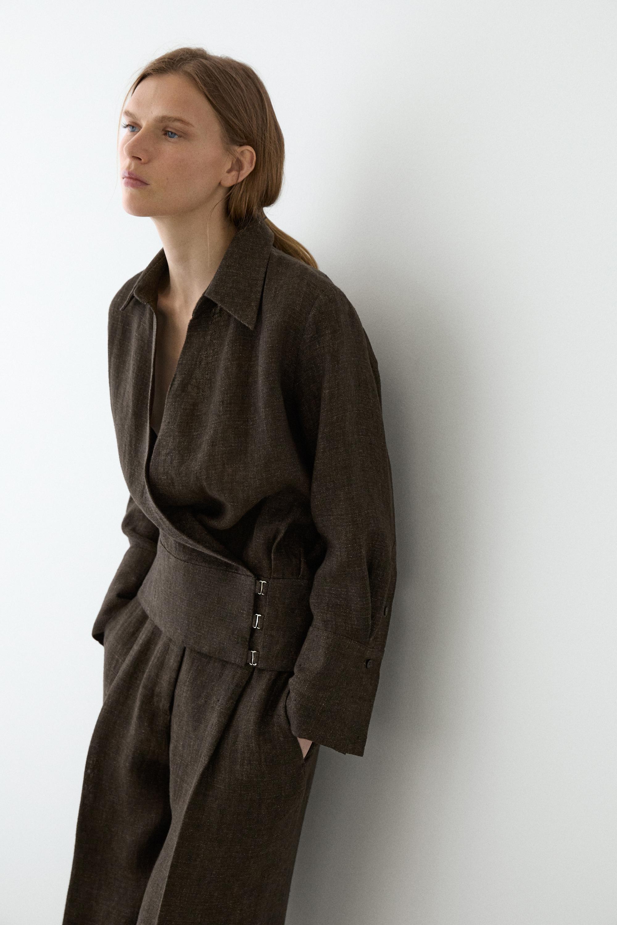 Total look melange linen overshirt — MOLE BROWN