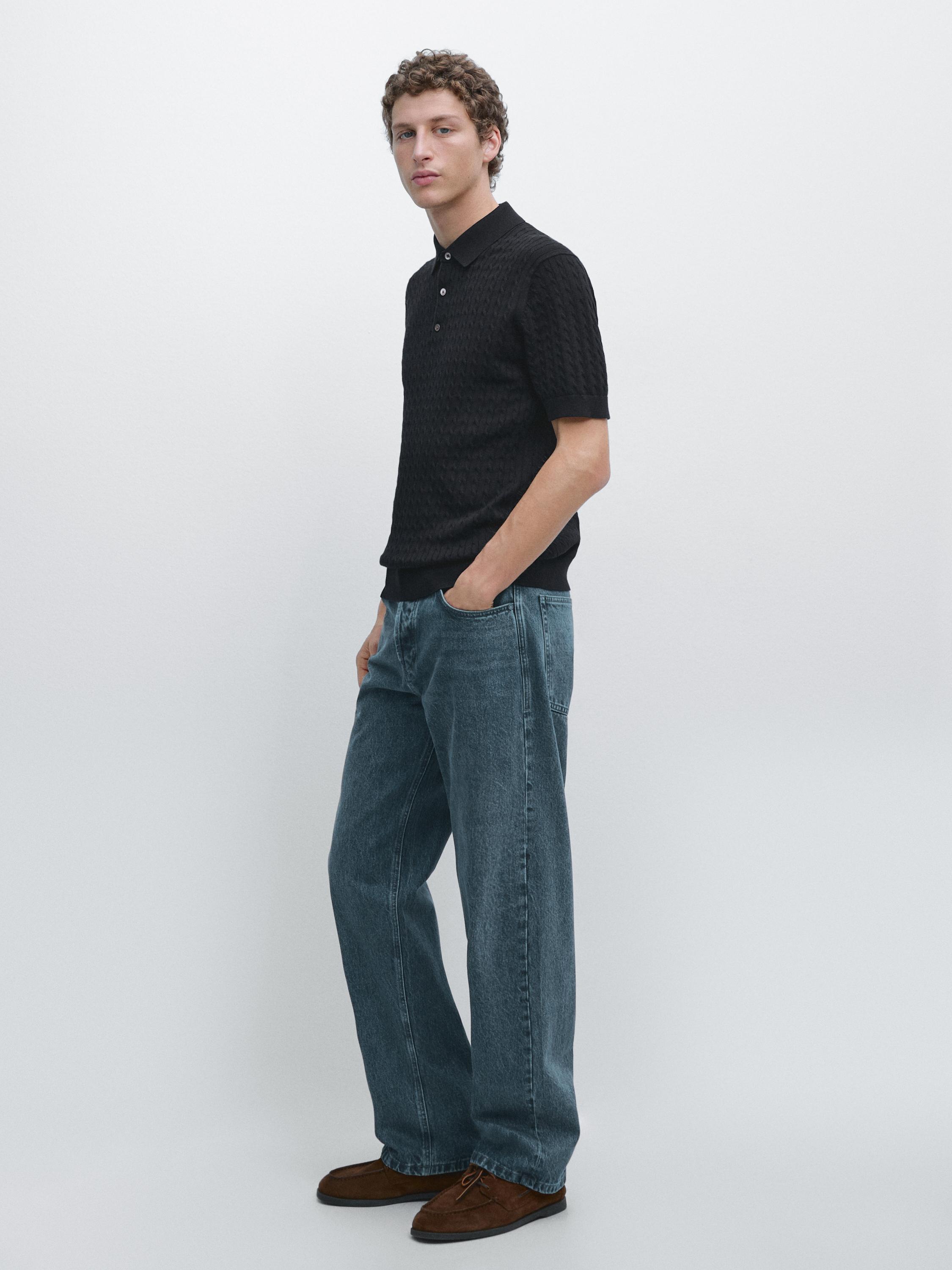 100% cotton cable-knit polo shirt — NAVY BLUE