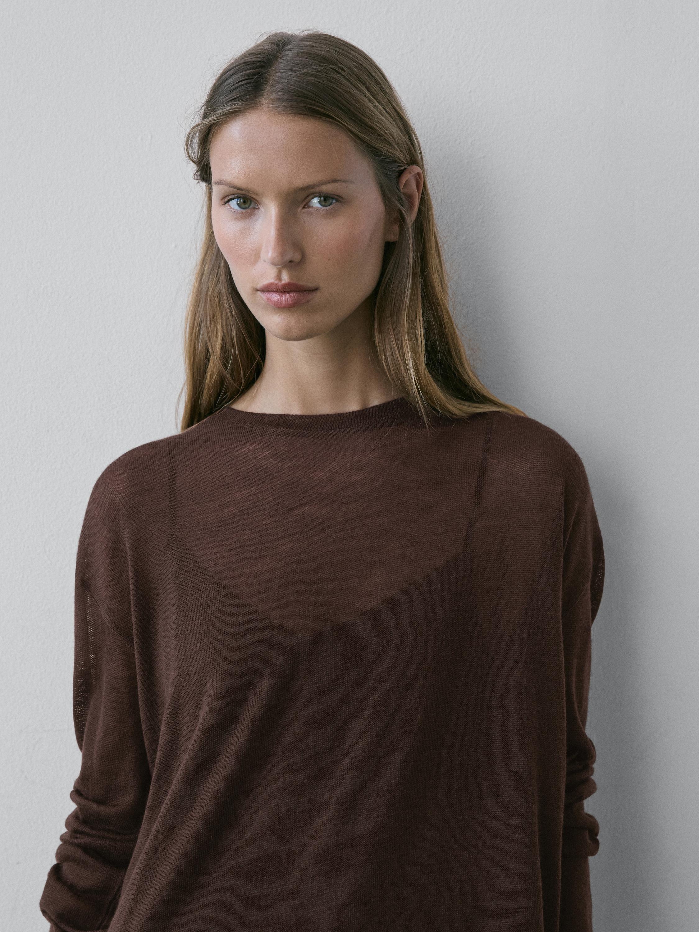 Long sleeve T-shirt with lace detail — BROWN