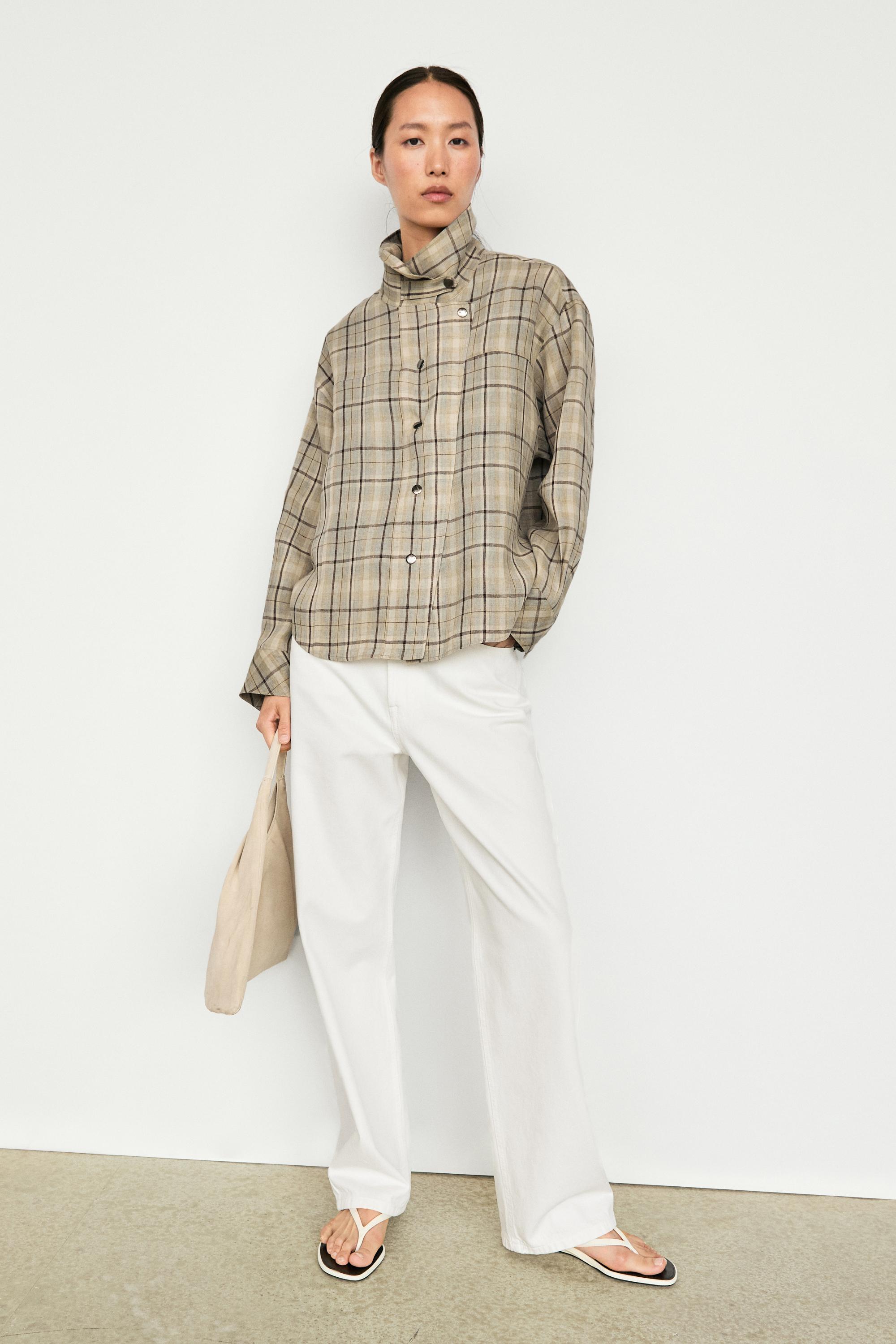 100% linen check snap button shirt — Light blue
