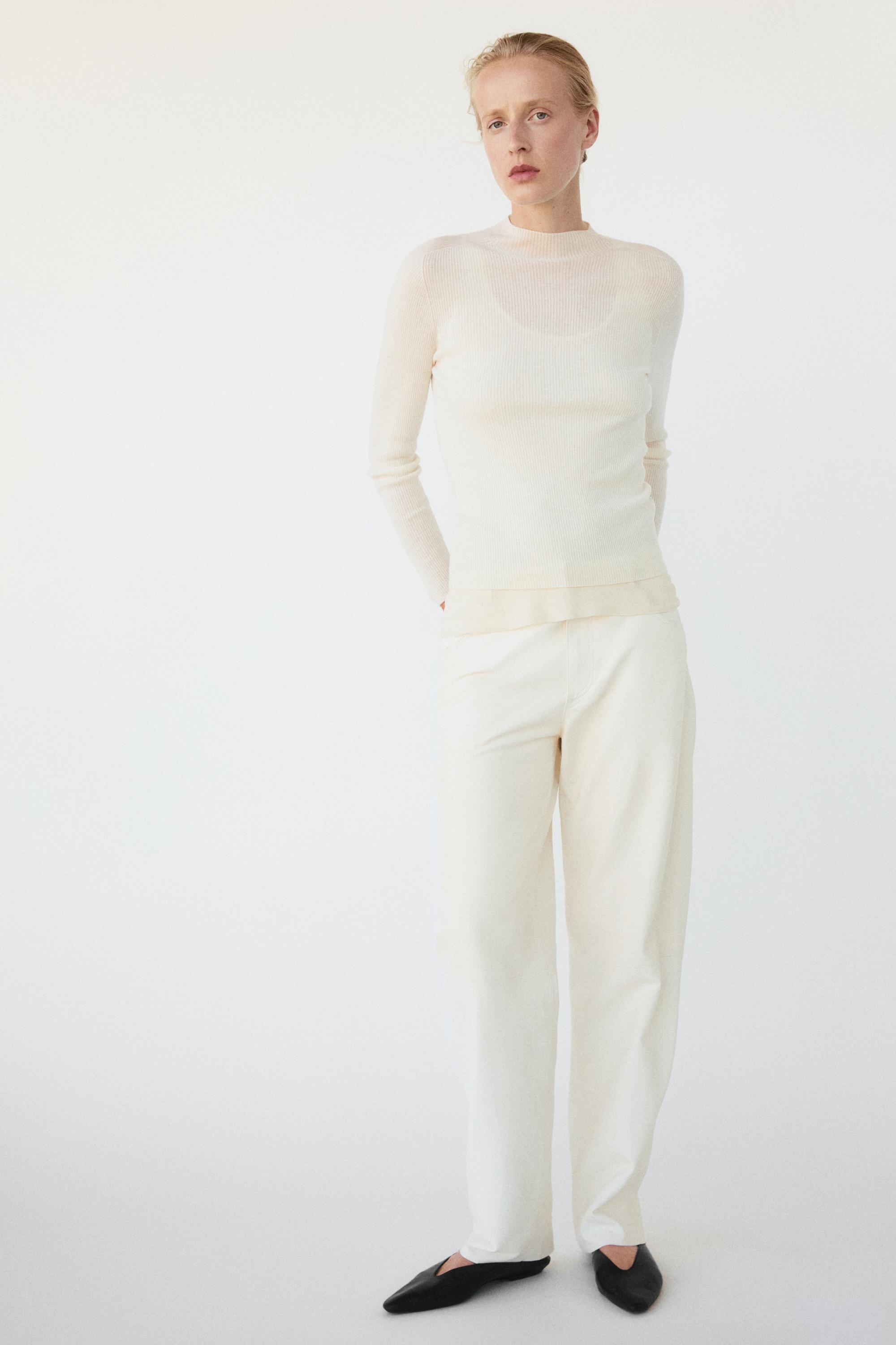 Ribbed knit mock turtleneck sweater — CREAM