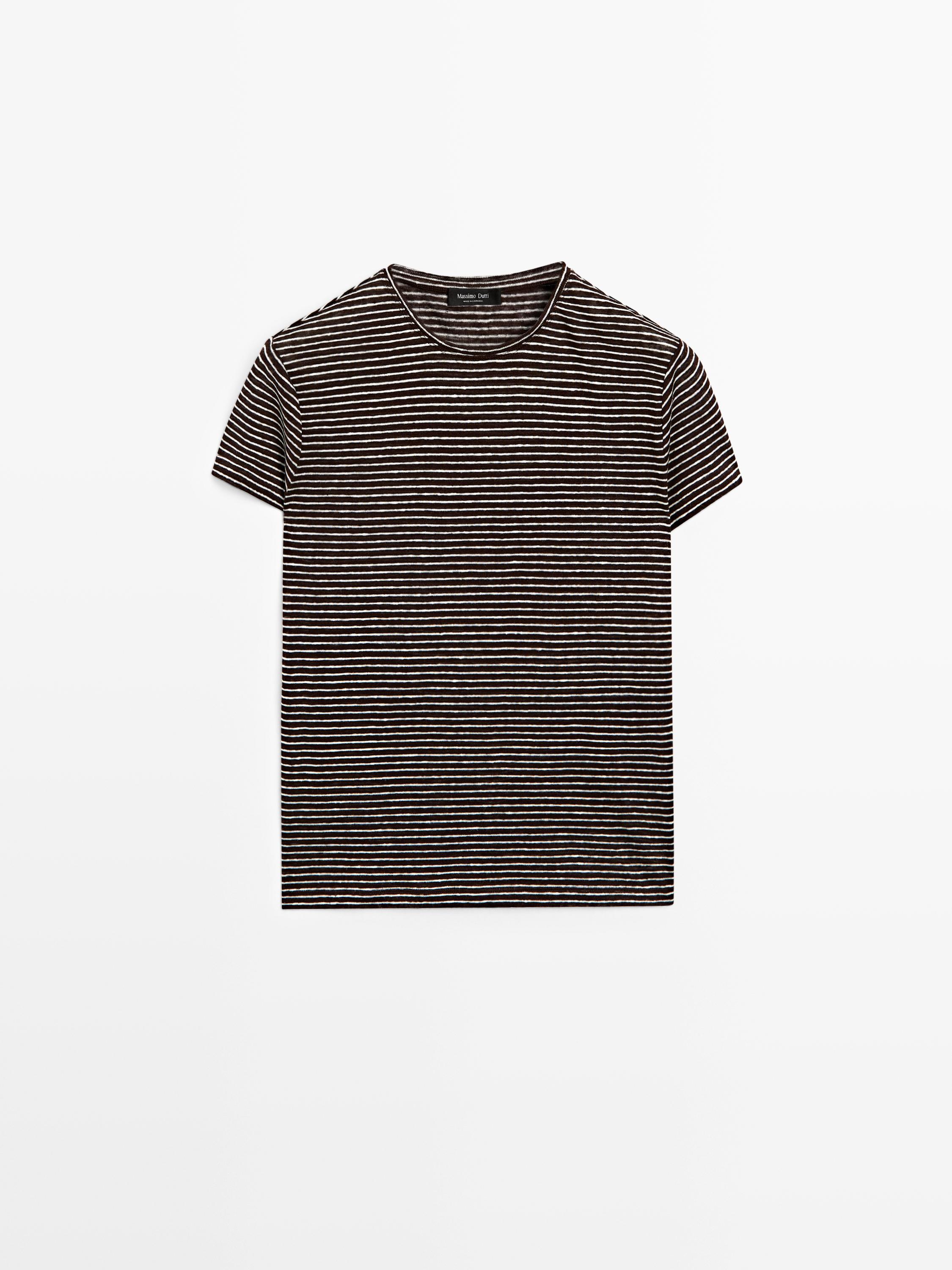 Gestreiftes Regular-Fit-T-Shirt aus 100 % Leinen