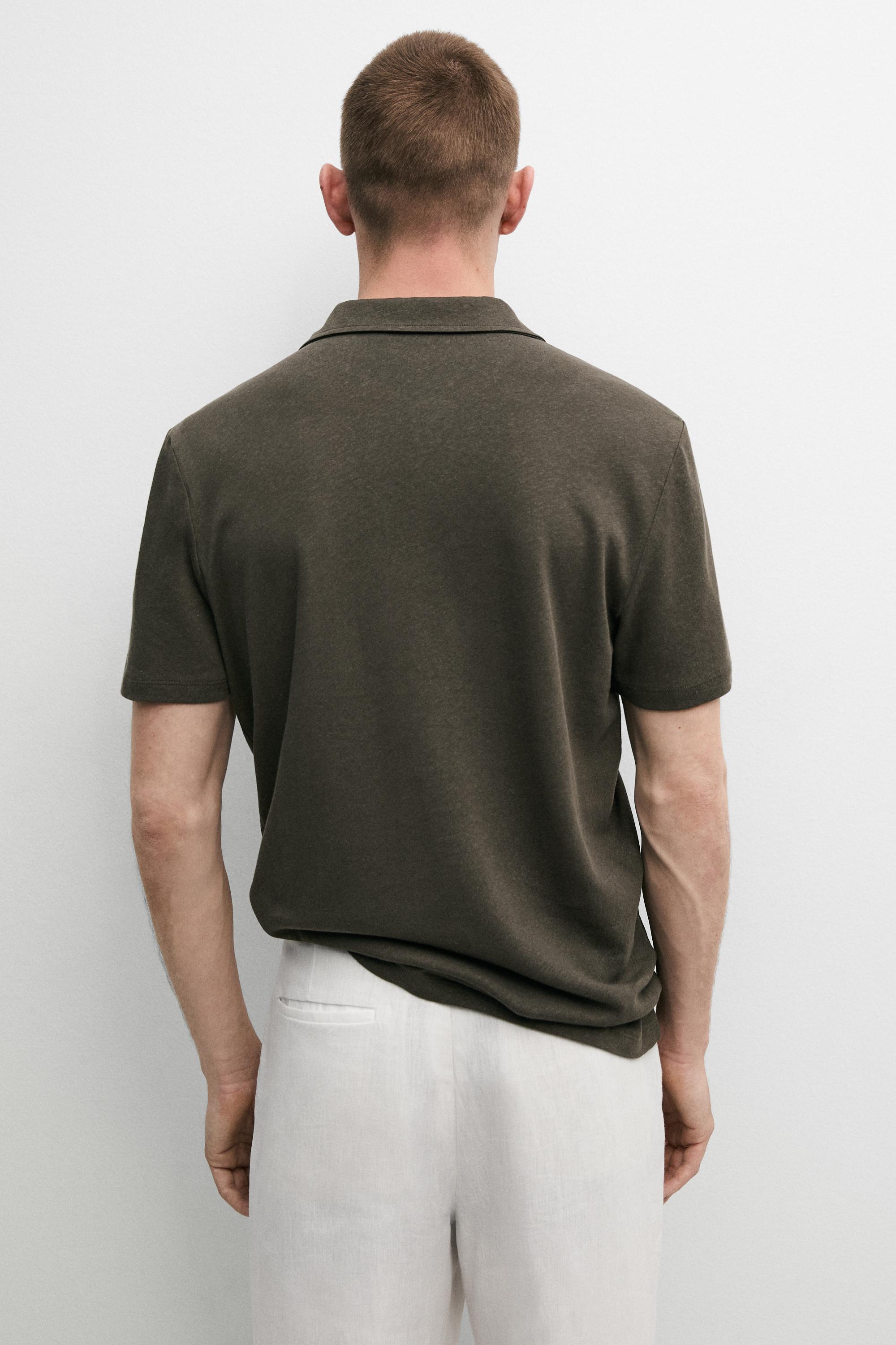 Linen and cotton short sleeve polo shirt — KHAKI