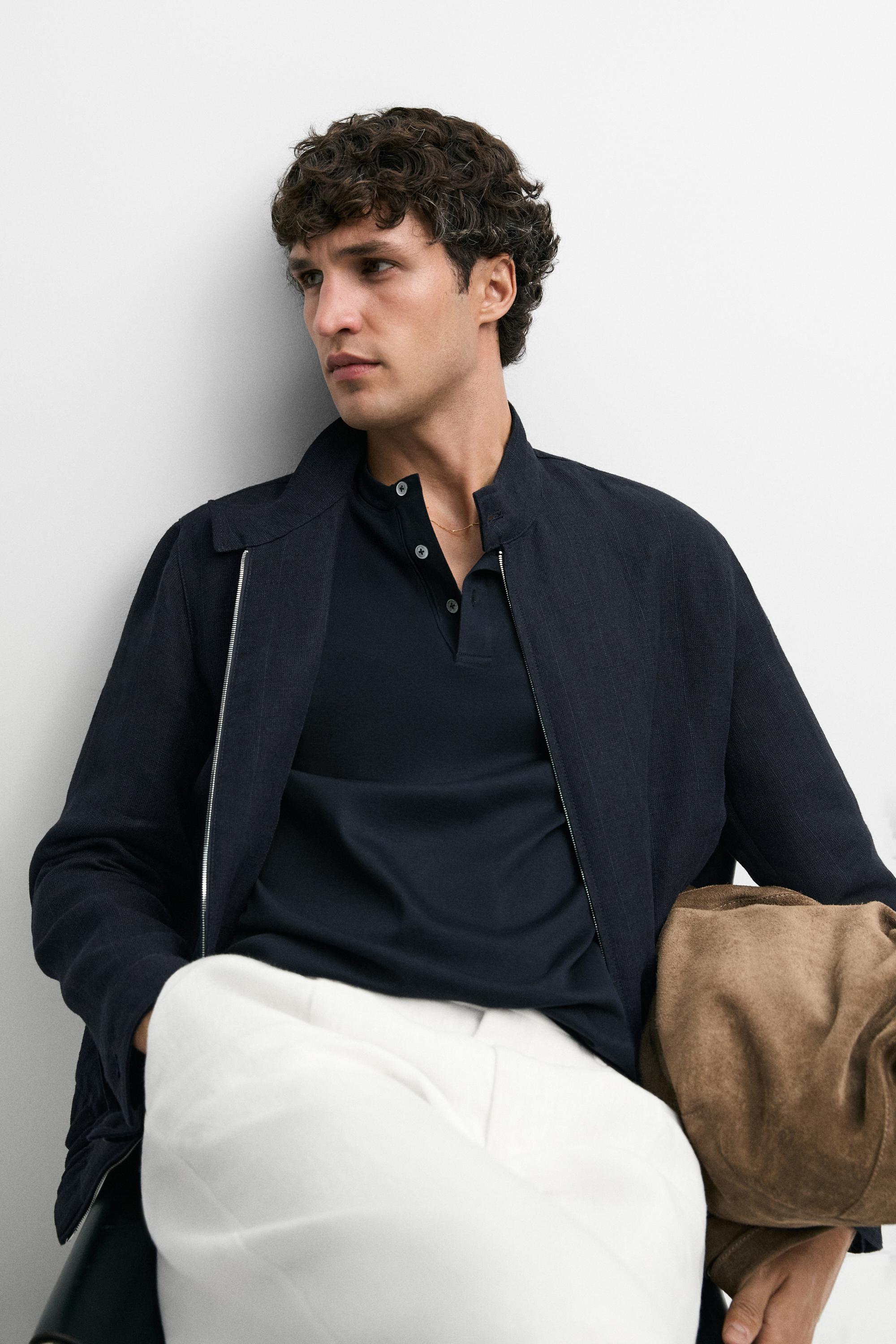 100% linen banded collar jacket — NAVY BLUE