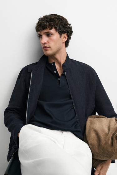 100% linen banded collar jacket — NAVY BLUE 8