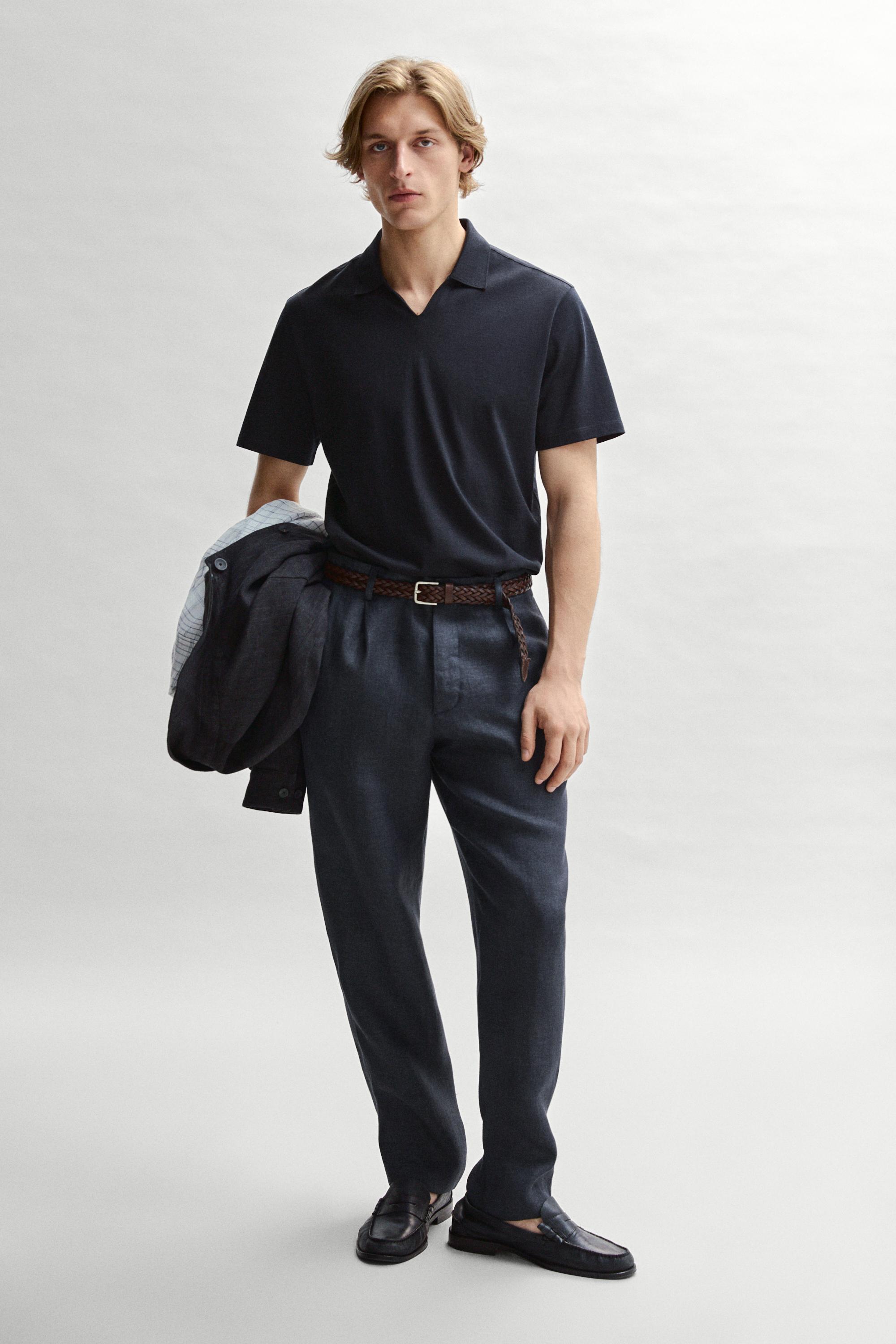 Cotton V-neck polo shirt — NAVY BLUE