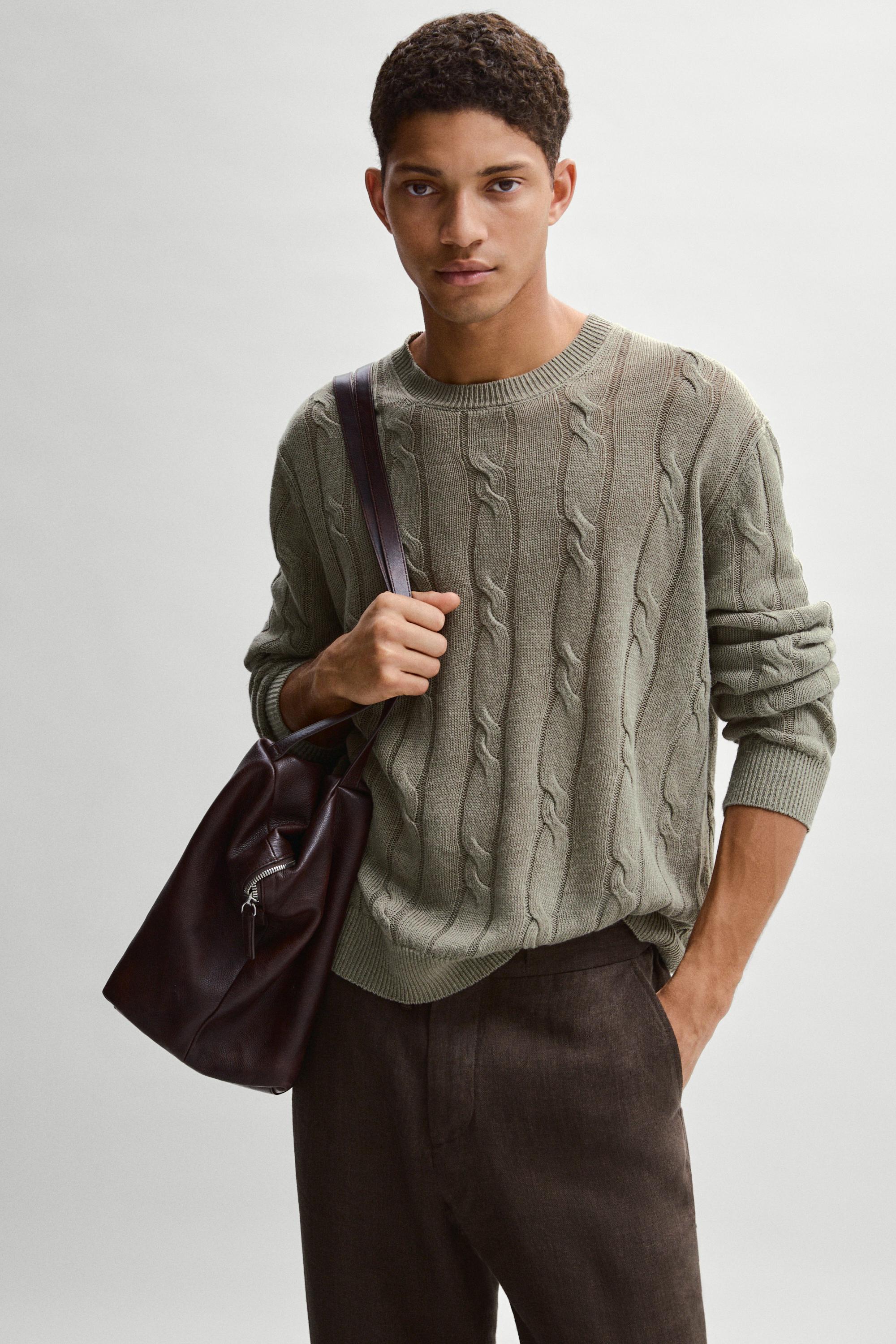 100% linen cable-knit sweater — PALE KHAKI