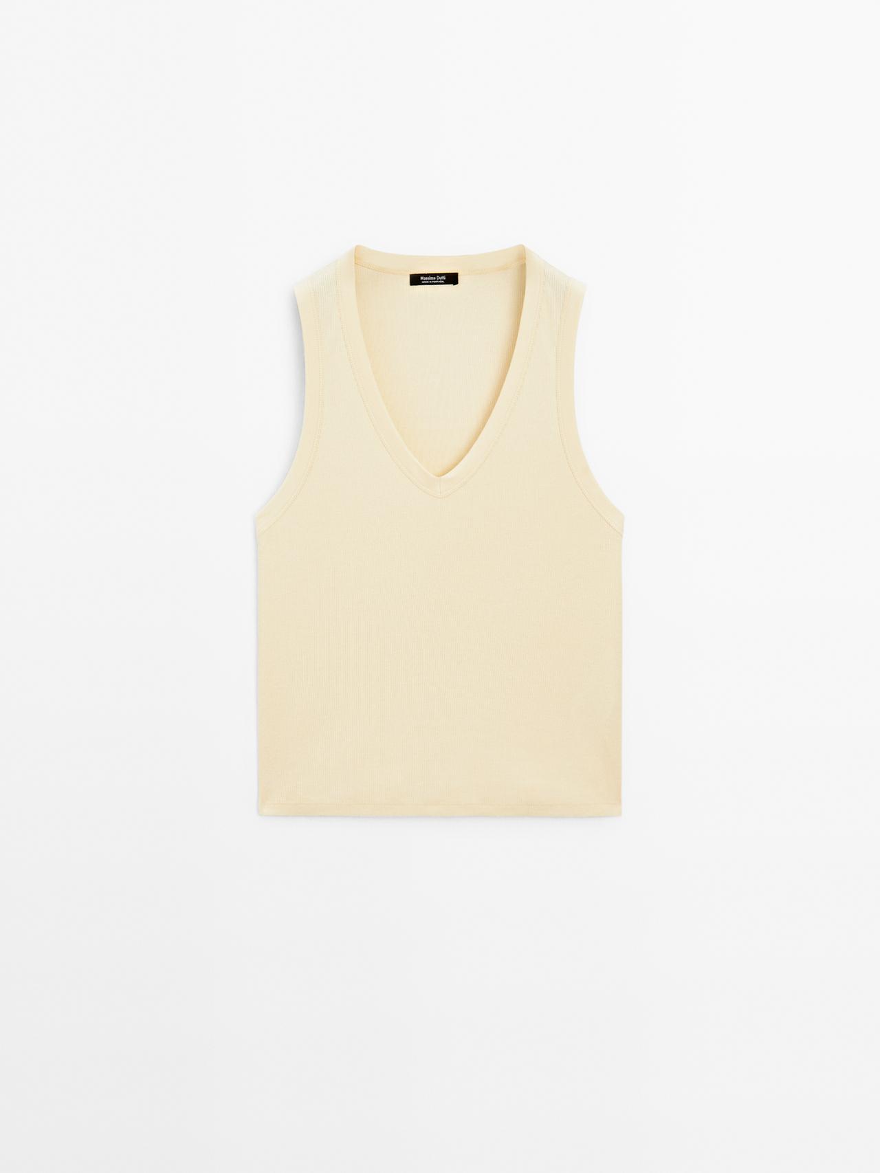 Massimo Dutti - Dame - Top I Rib Med V-Udskæring - Gul - S