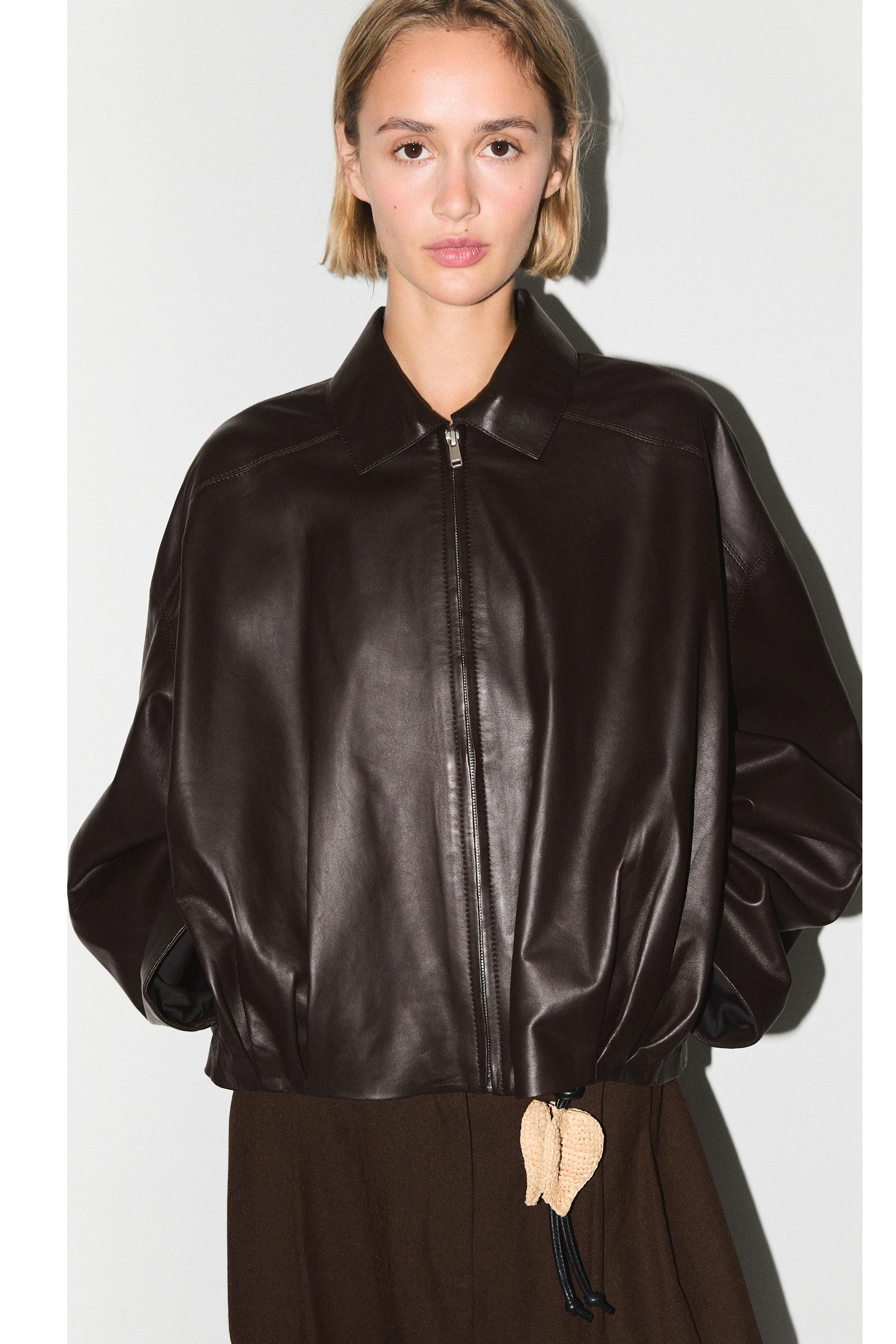 Nappa leather bomber jacket with pleat detail — BROWN