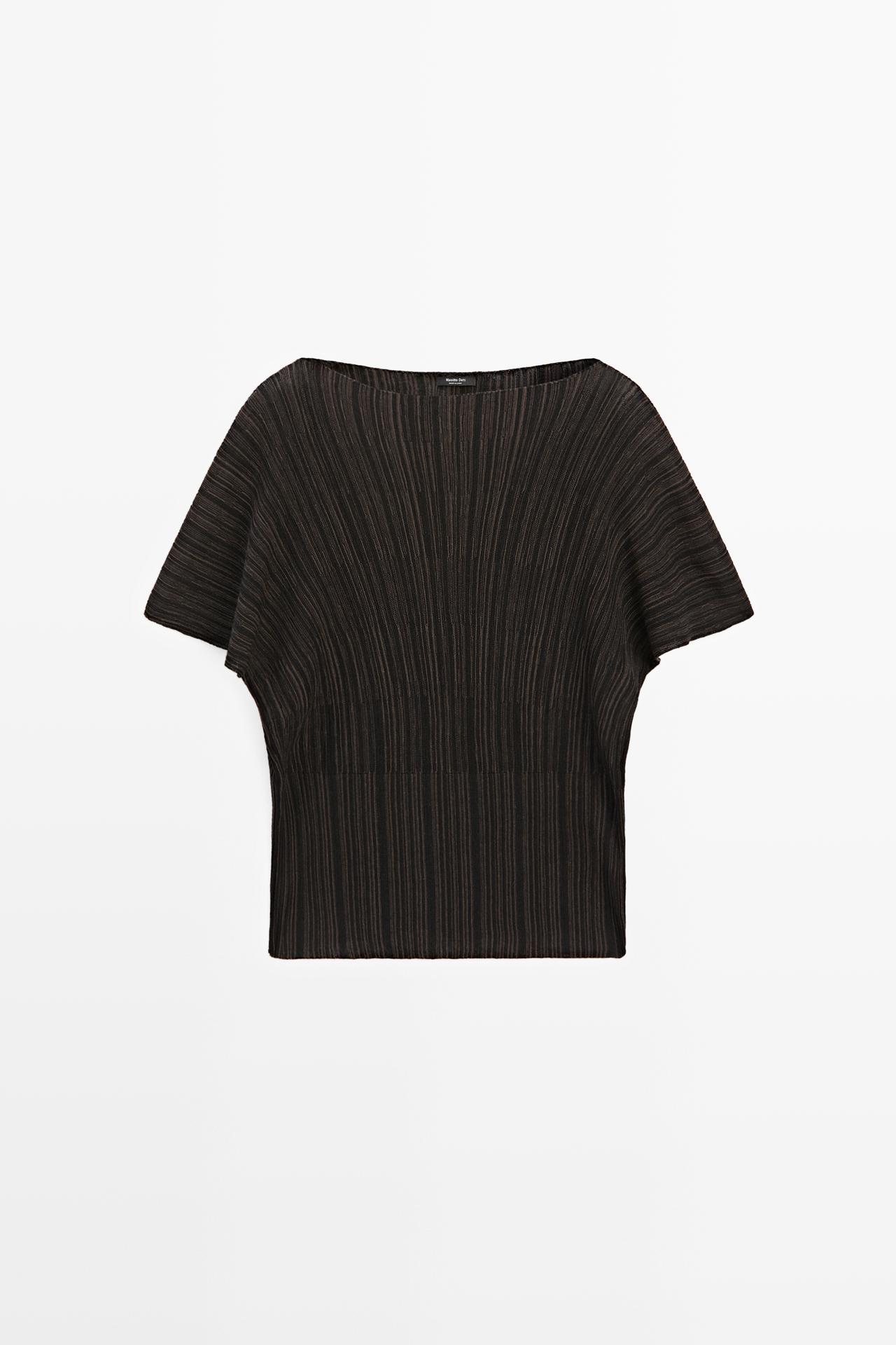 Massimo Dutti - Dames - Plissé Top Met Streepdetail - Chocolade - S