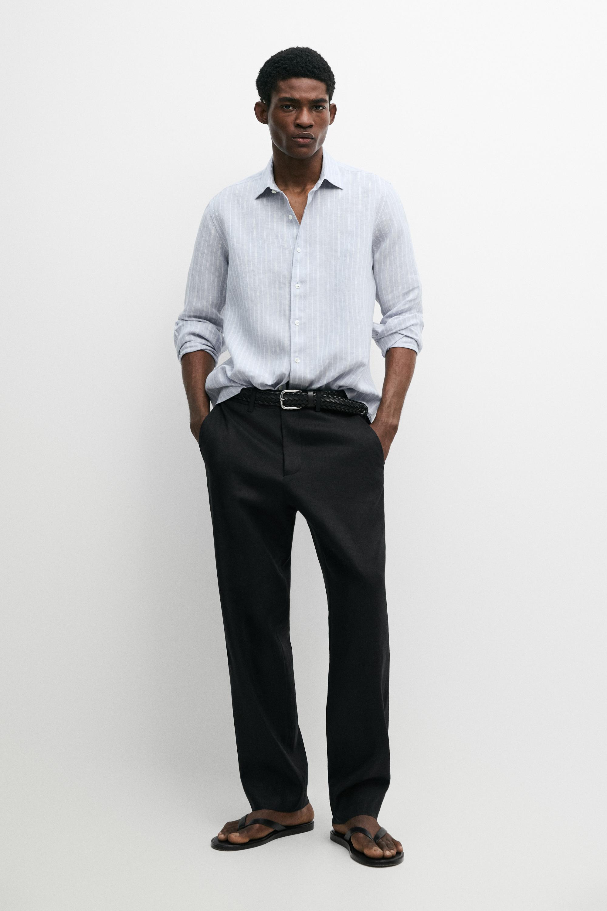 100% linen regular fit faded striped shirt — BLUE