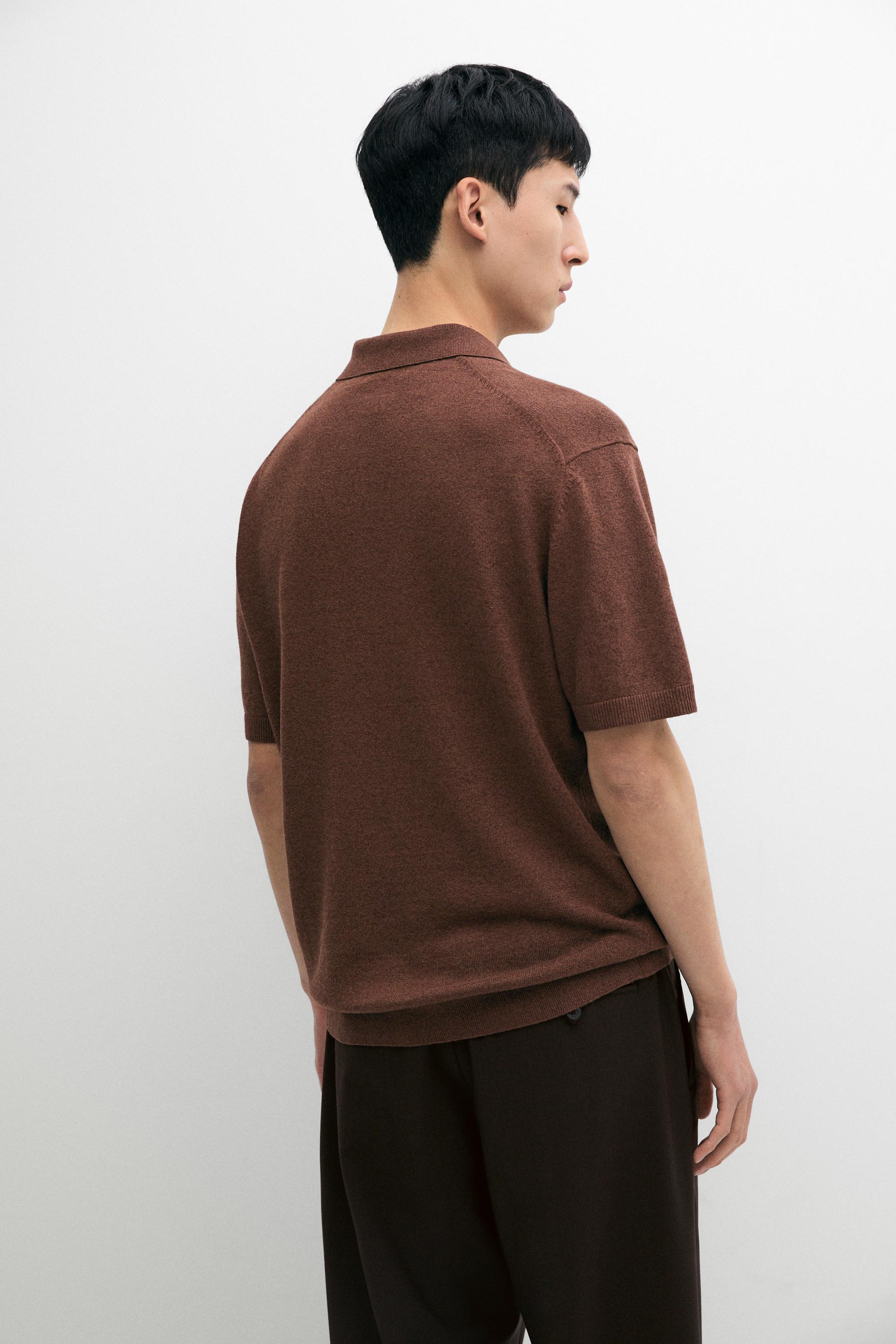 Linen blend knit polo sweater — TERRA COTA