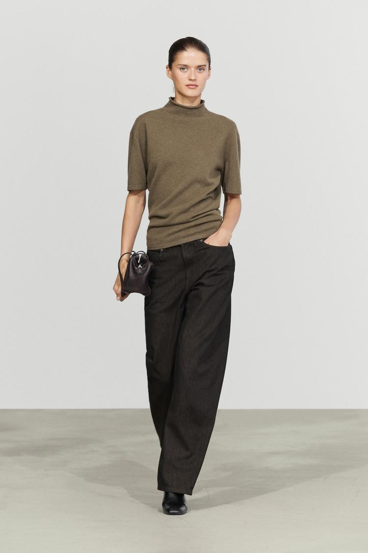 Wool blend knit mock turtleneck sweater — BEIGE