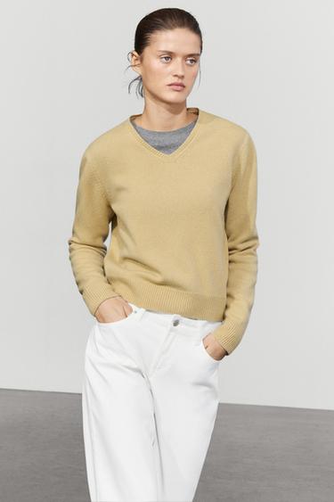 100% wool V-neck knit sweater — OLIVE 3