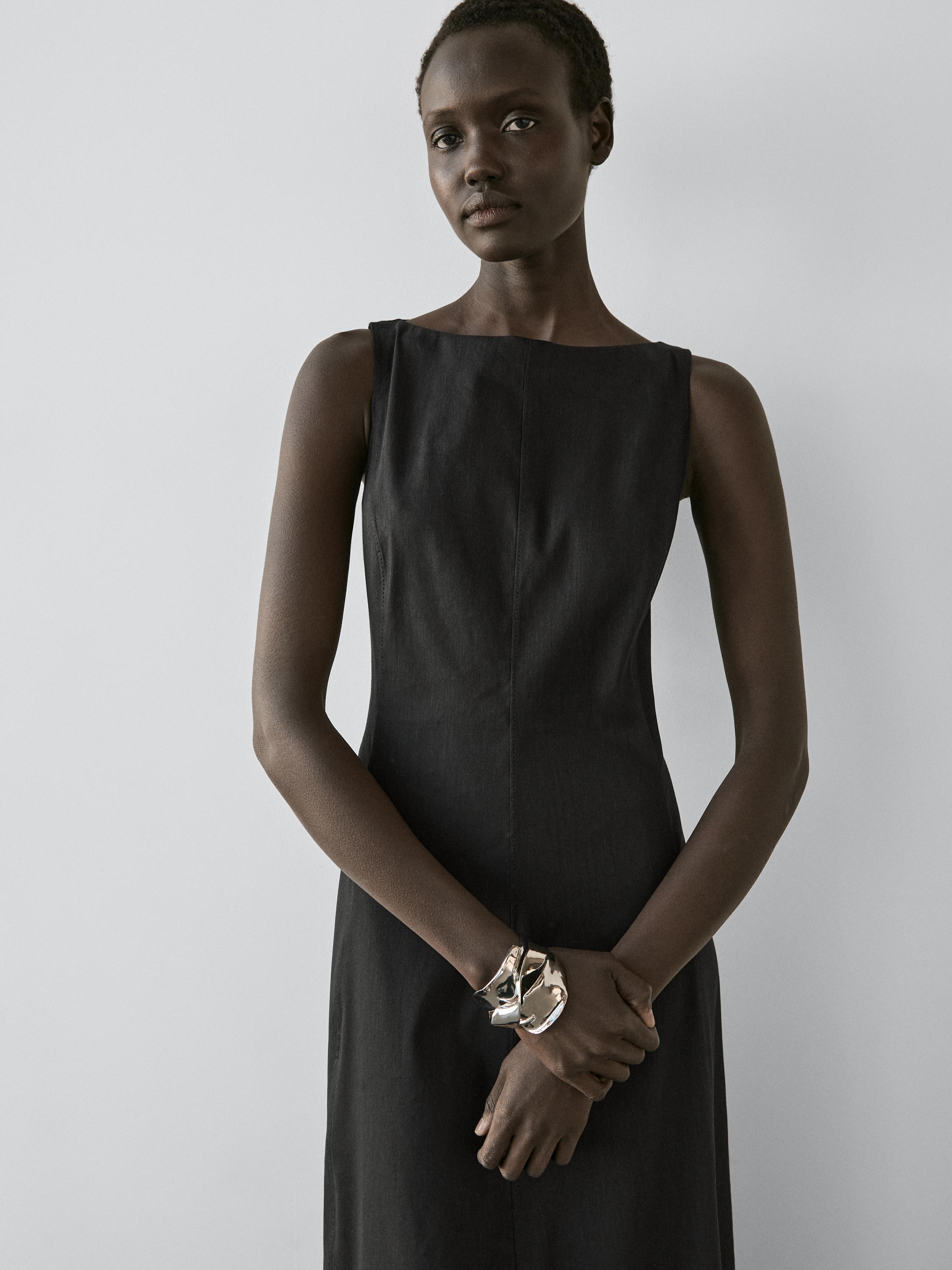 Long flowing linen blend dress Black Dress | Massimo Dutti Long flowing linen blend dress Black Dress | Massimo Dutti
