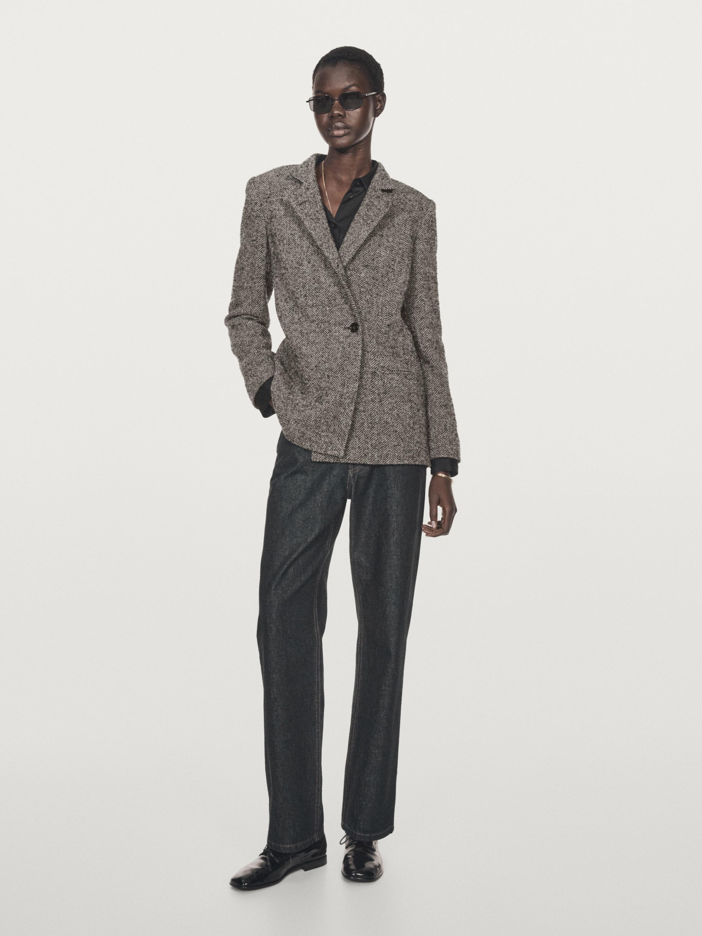 Herringbone wool blend blazer with high collar