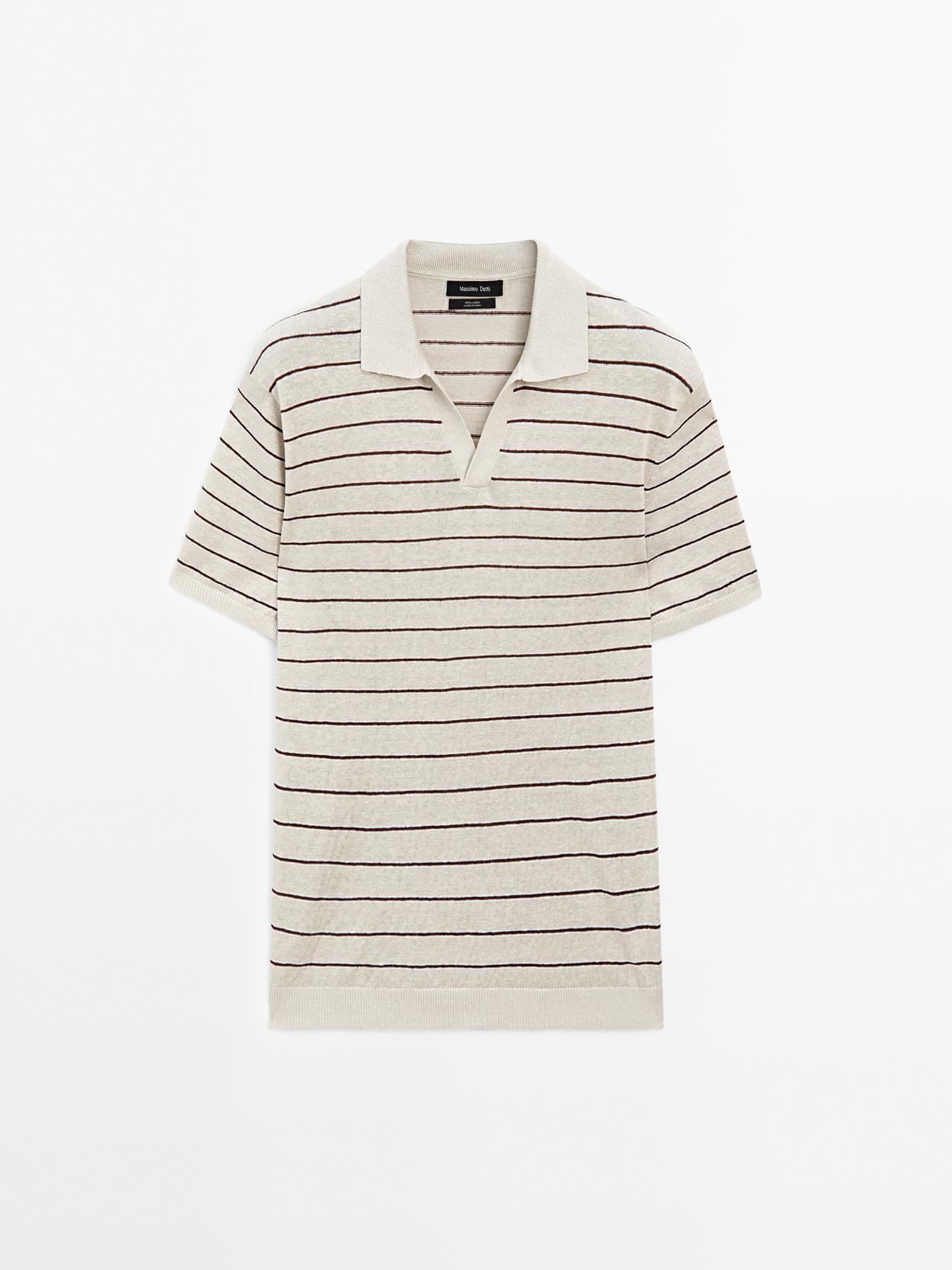 Massimo Dutti - Herre - Stribet Poloshirt I Strik Af 100 % Hør - Stenfarvet - L