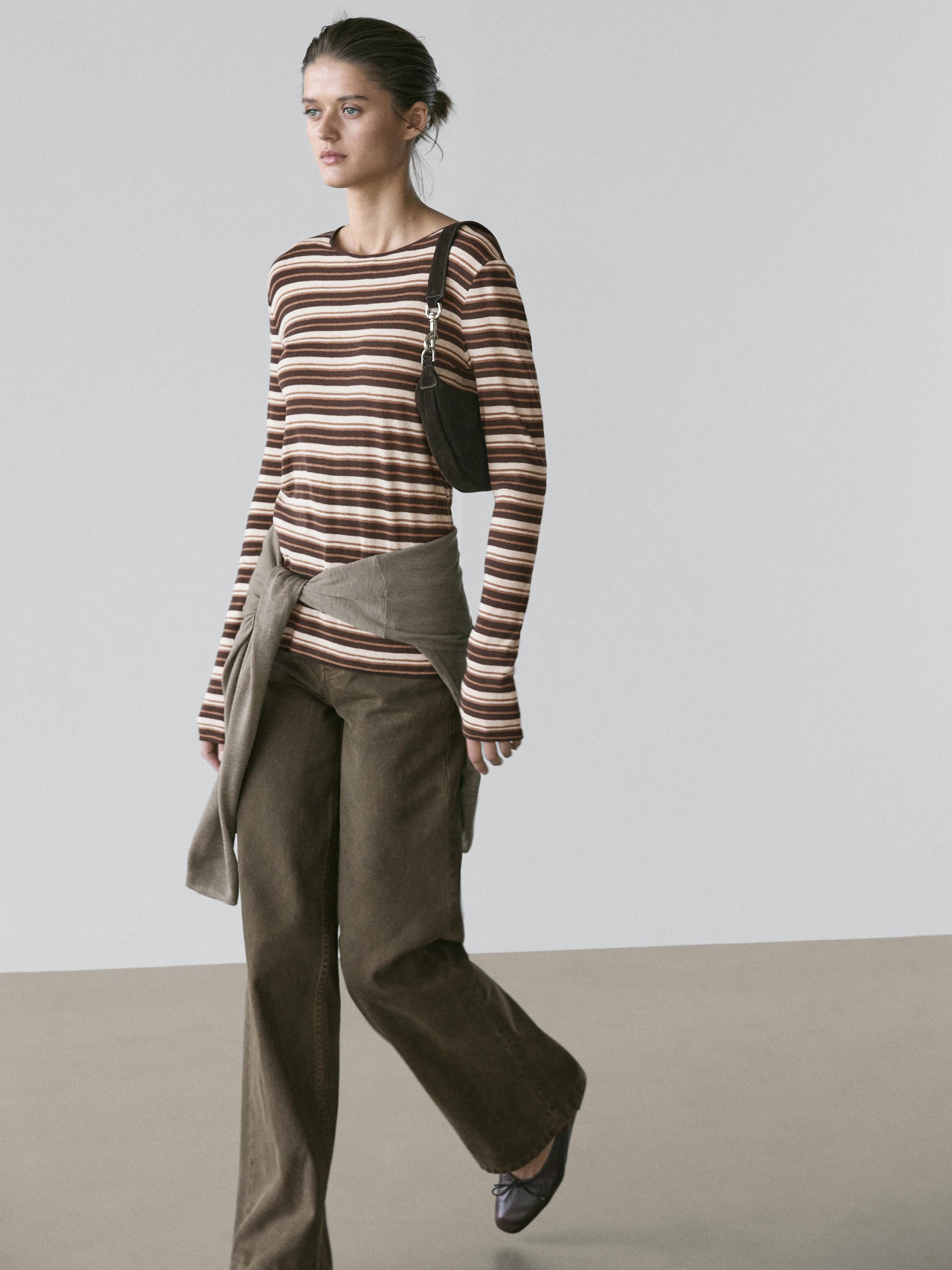 Cotton blend striped long sleeve T-shirt — BROWN