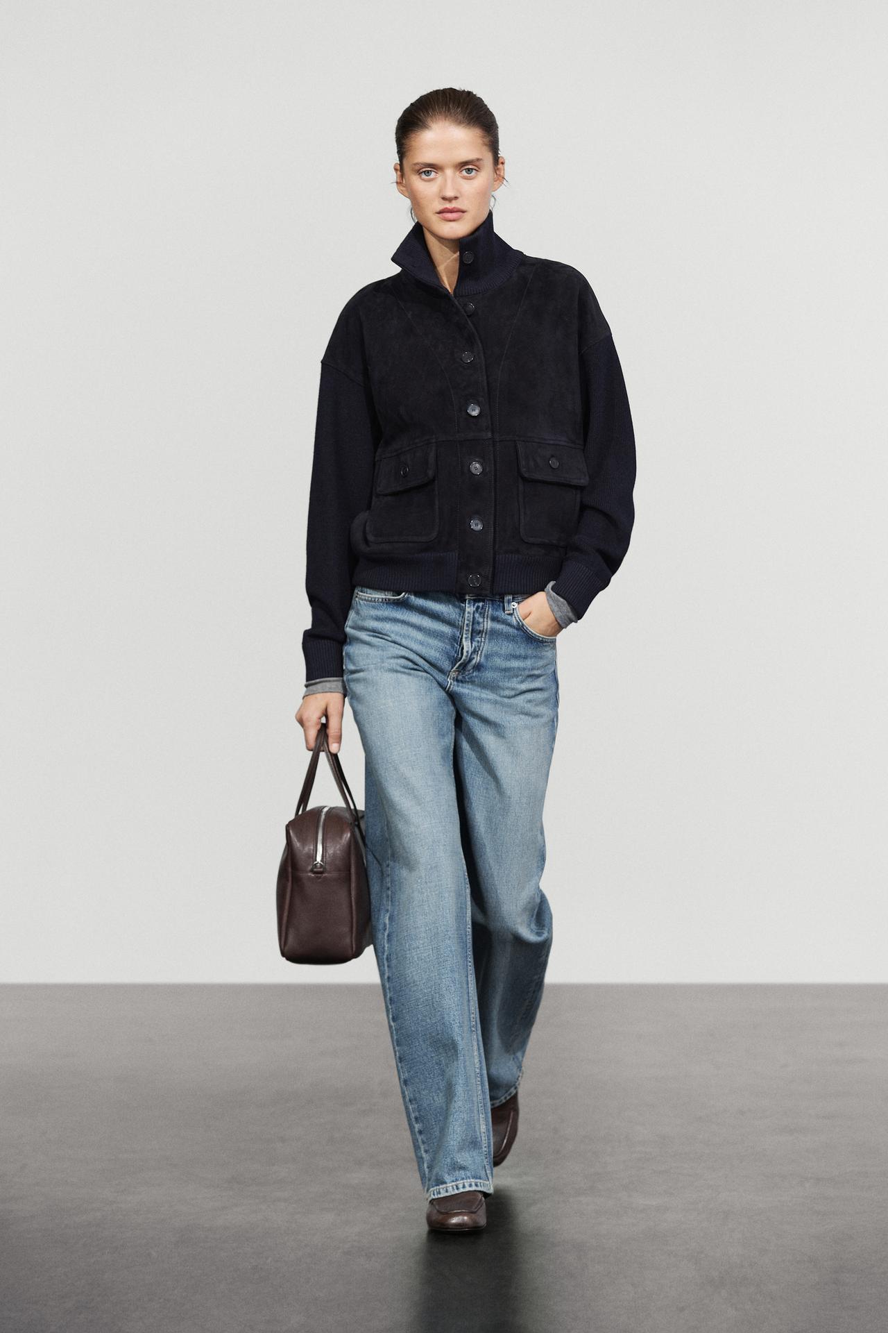 Contrast Suede leather jacket — NAVY BLUE