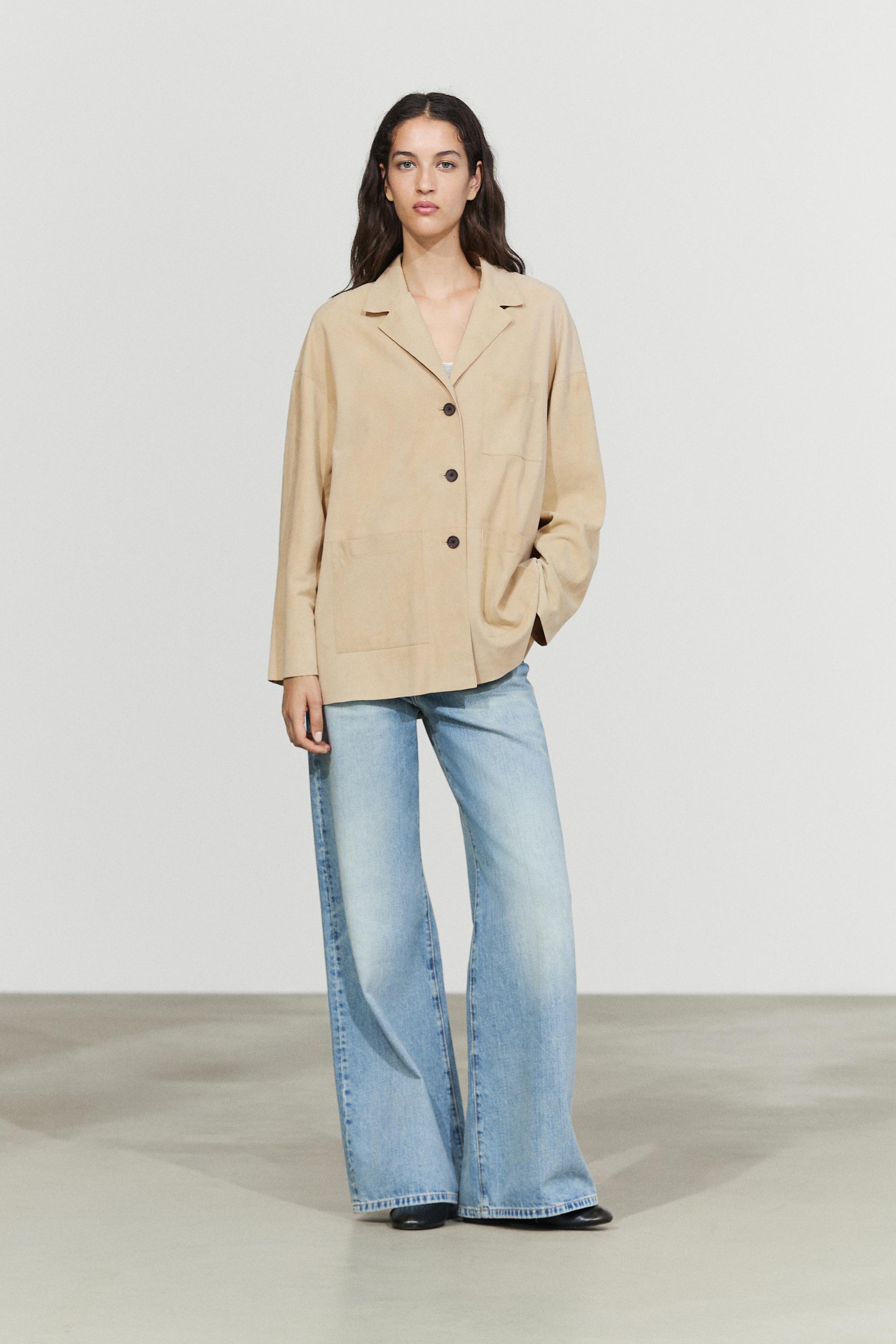 Suede leather blazer with pockets — BEIGE