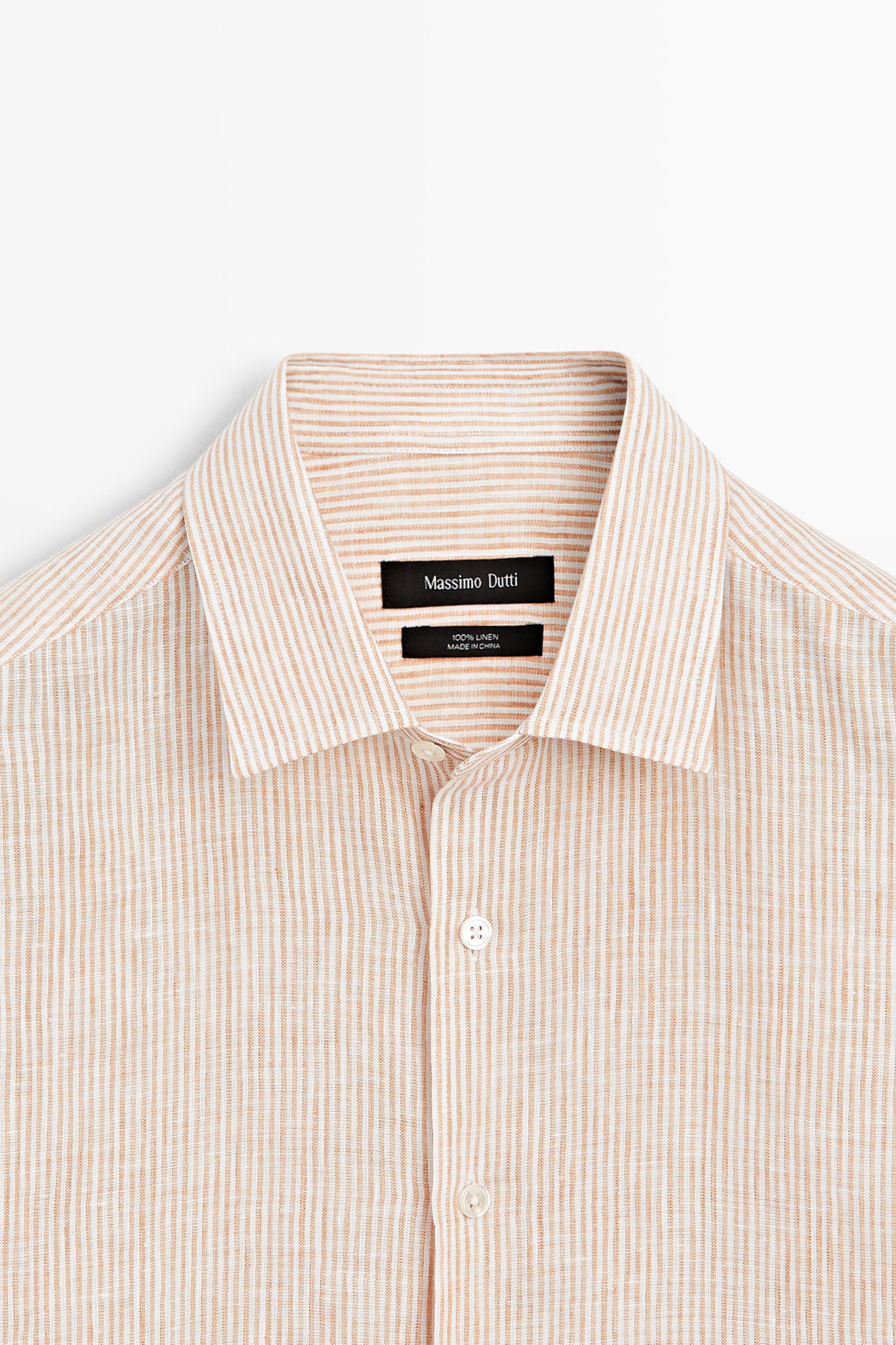 100% linen regular fit striped shirt — Light Beige