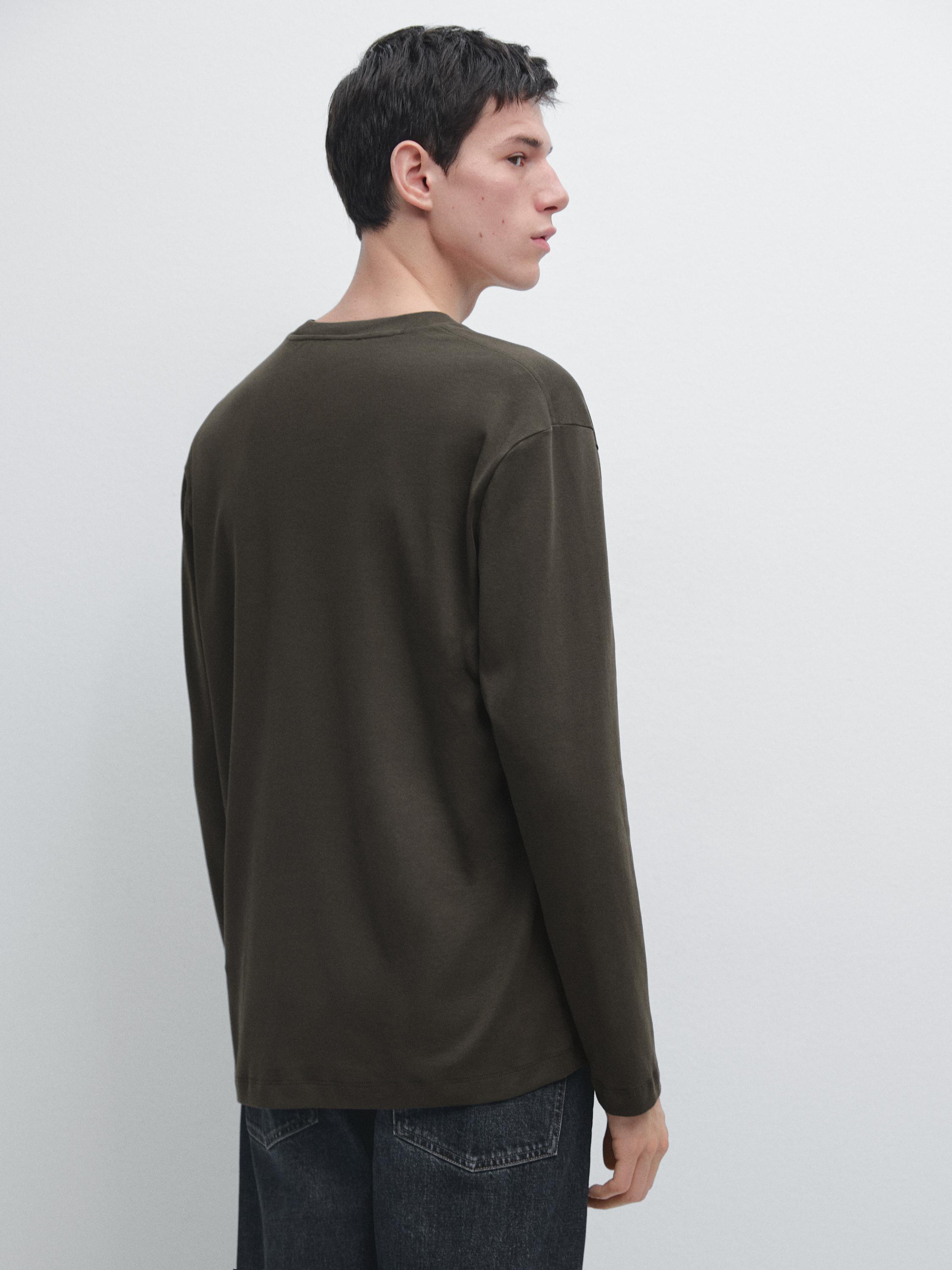 Long sleeve medium weight cotton T-shirt — KHAKI