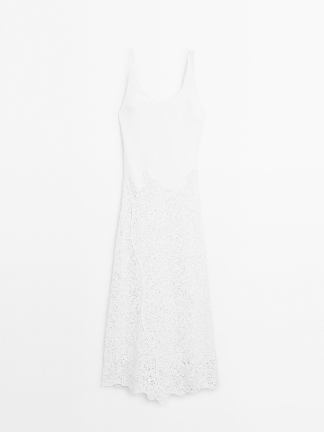 Massimo Dutti - Dame - Midikjole I Bomuldsblanding Med Svaj - Hvid - 38