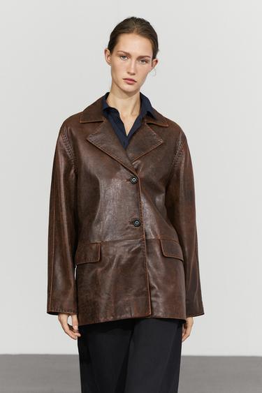 Distressed effect leather blazer — BROWN 8
