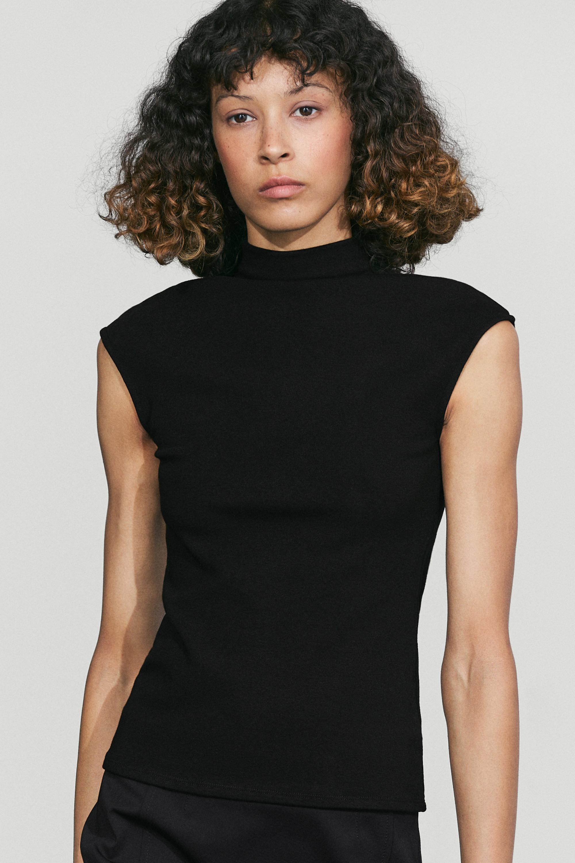 Funnel neck knit top — BLACK